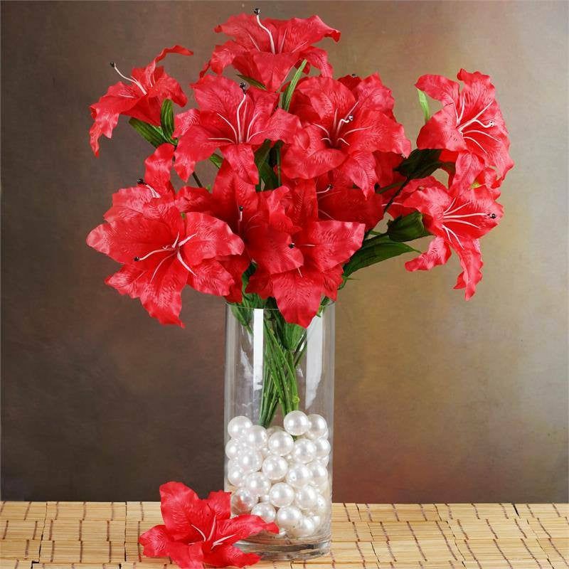 Lily & Tulips | 6 Bushes Red Artificial High Quality Silk Lily Flowers, Faux Lilies Artificial Flowers Lily & Tulips