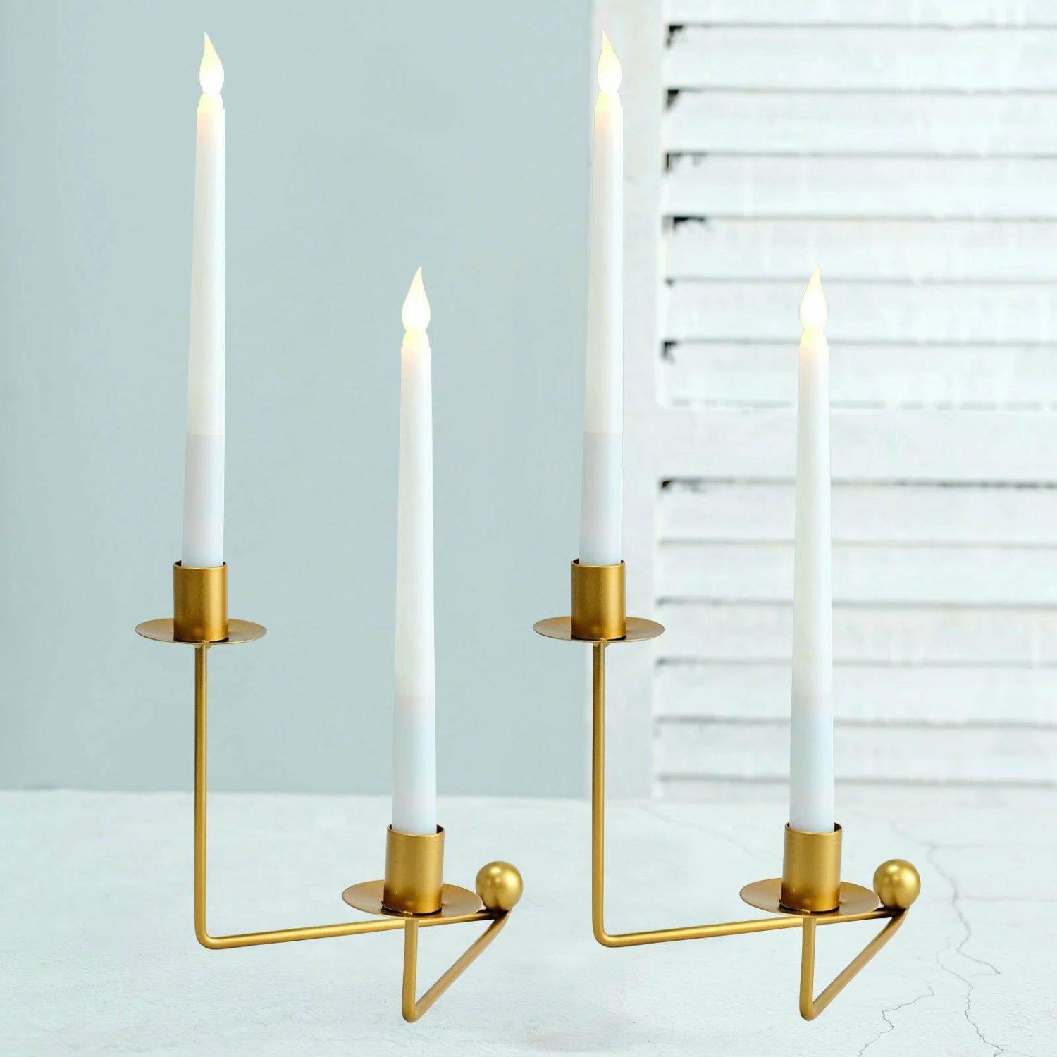 Metal Candle Holders | 2 Pack 2 Arm Gold Metal Geometric Taper Candle Candelabra Holder Centerpiece With V-Shaped Base 7″ Candelabra Metal Candle Holders