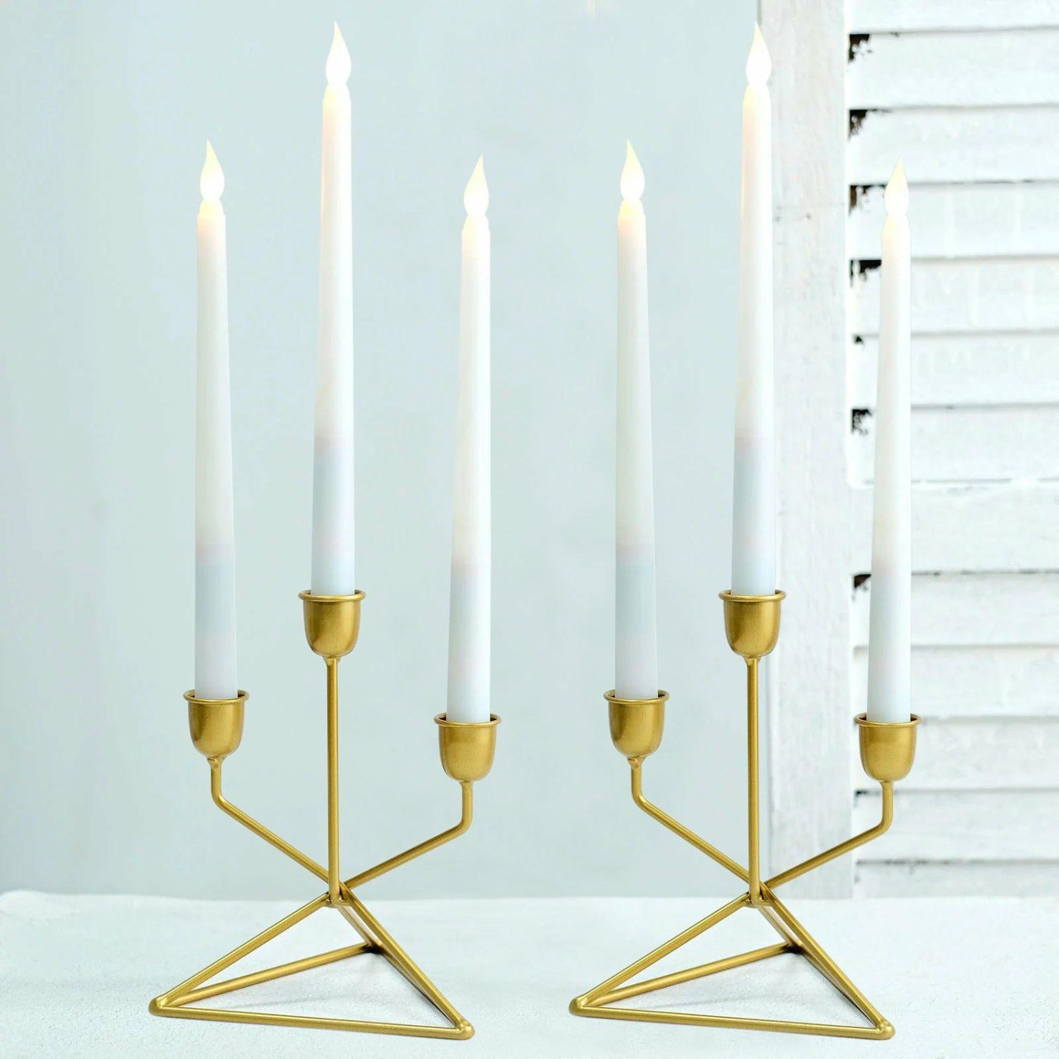 Metal Candle Holders | 2 Pack 3 Arm Gold Metal Geometric Taper Candle Candelabra Holder Centerpiece With Triangle Base 7″ Candelabra 3 Arm w/ Triangle Base