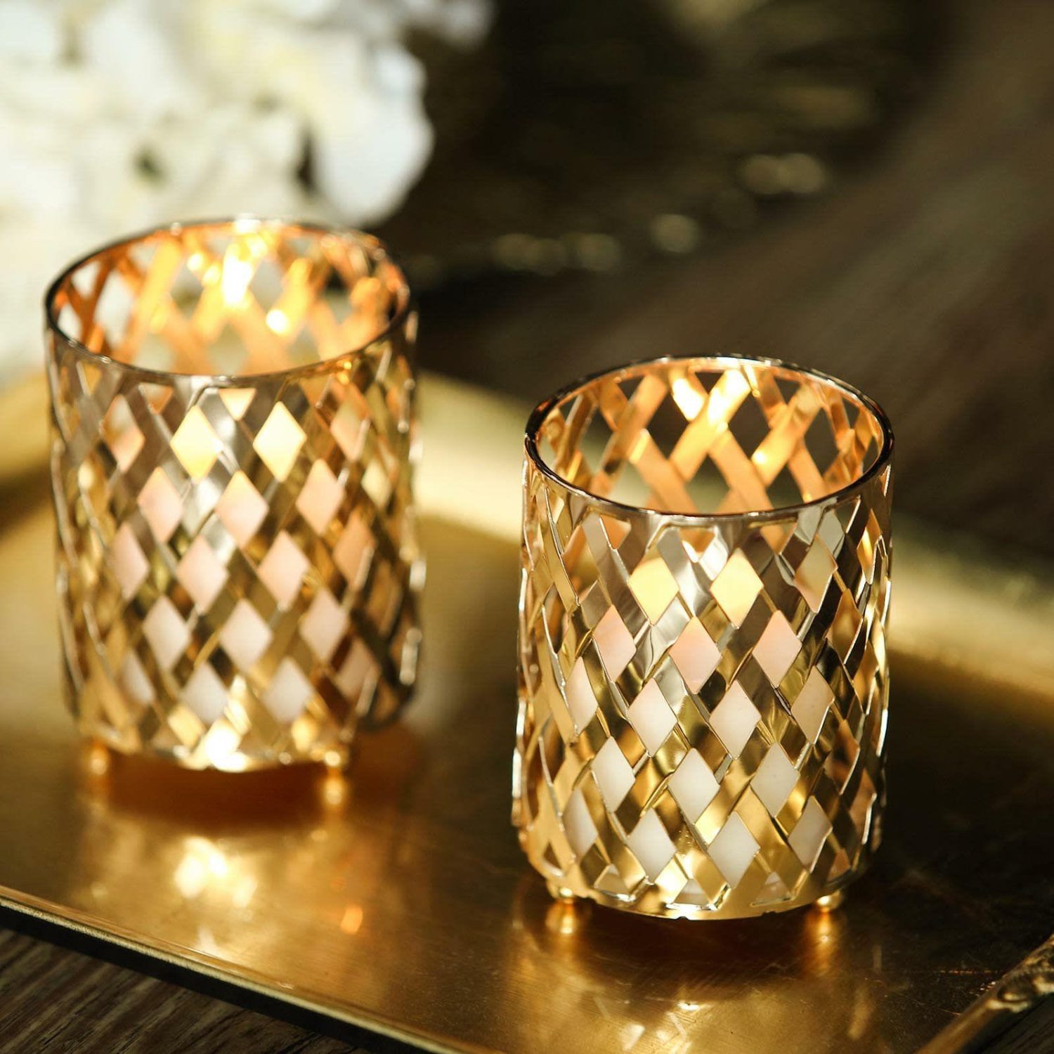 Metal Candle Holders | 2 Pack Gold Metal Diamond Cut Votive Candle Holders 4″ Candelabra Gold