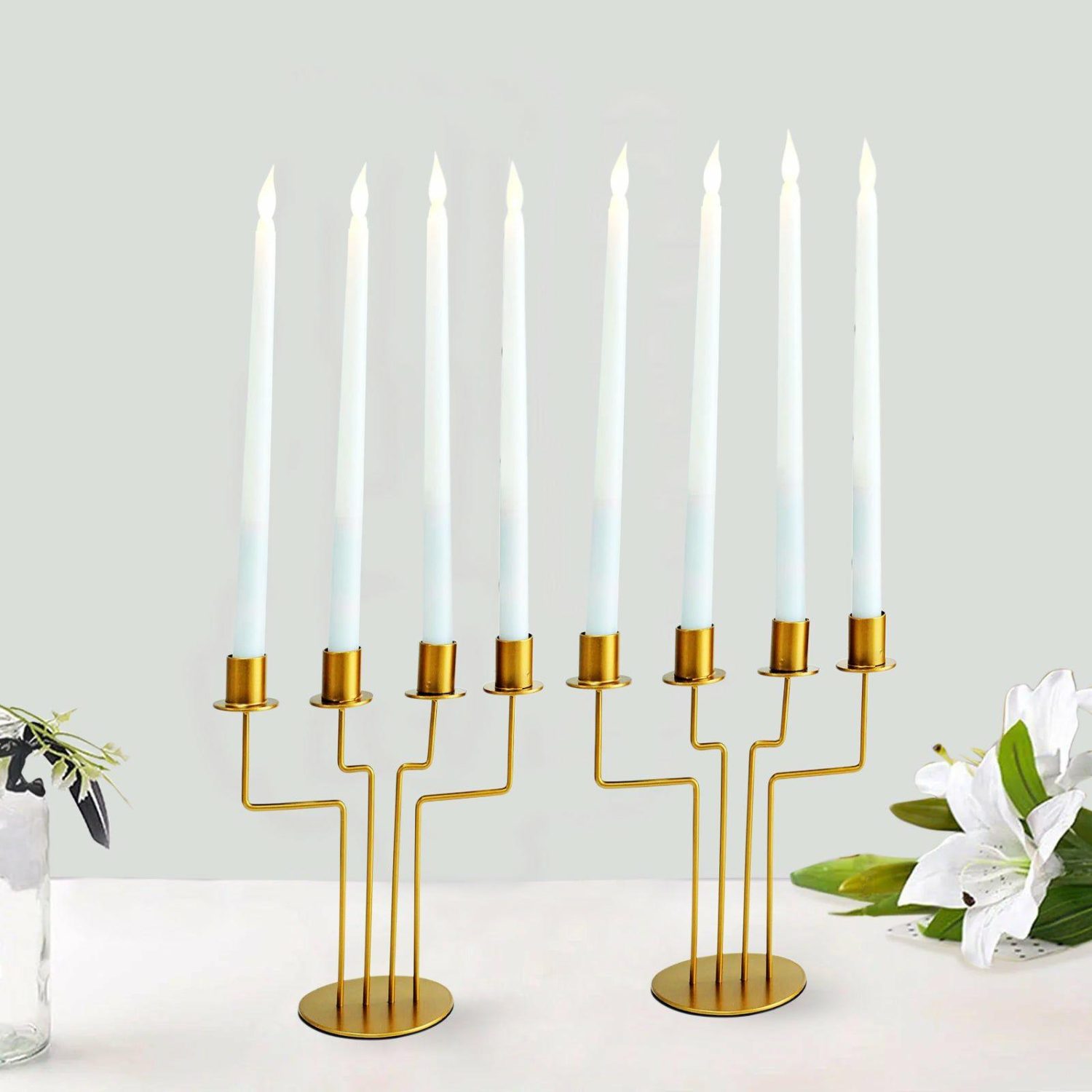 Metal Candle Holders | 2 Pack Gold Metal Geometric Taper Candle Candelabra Holder Centerpiece 8″ 4 Arm Candelabra 4 Arms