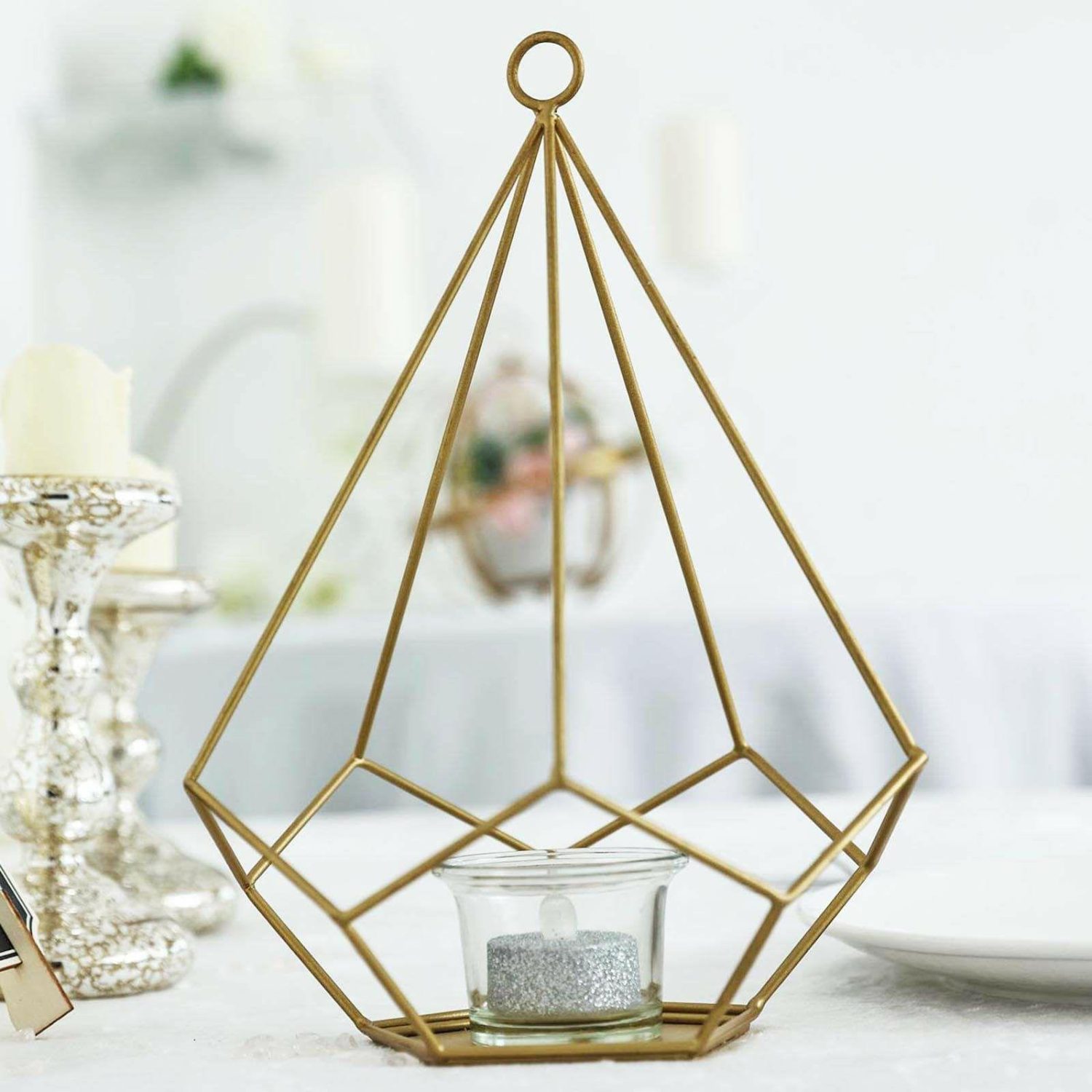 Metal Candle Holders | 2 Pack Gold Metal Pentagon Tealight Candle Holders, Open Frame Geometric Flower Stand 9″ Candelabra Gold