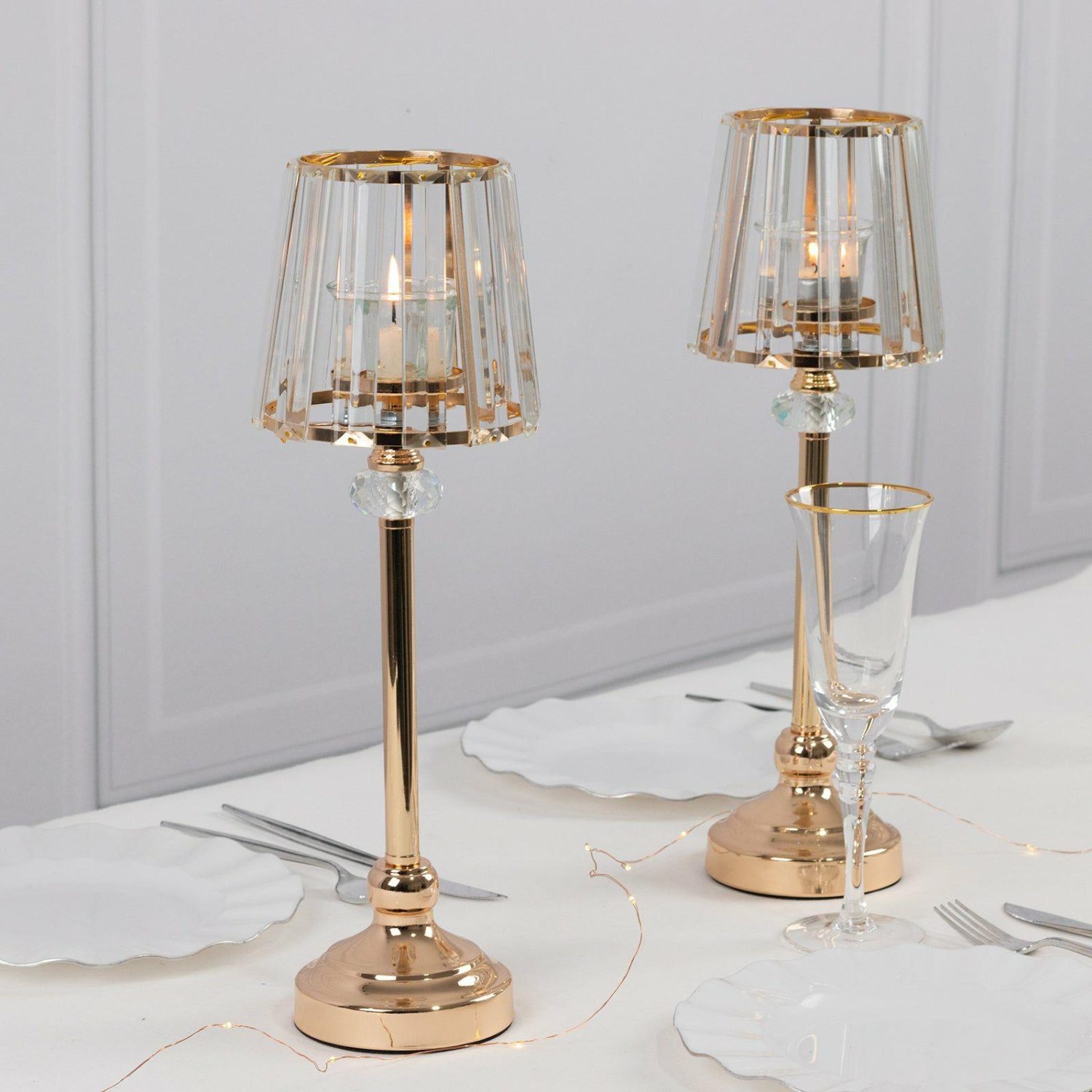 Metal Candle Holders | 2 Pack Gold Metal Pillar Votive Candle Holders With Crystal Lamp Shade, Candlestick Stand for Table Centerpieces – 15″ Candelabra Metal Candle Holders