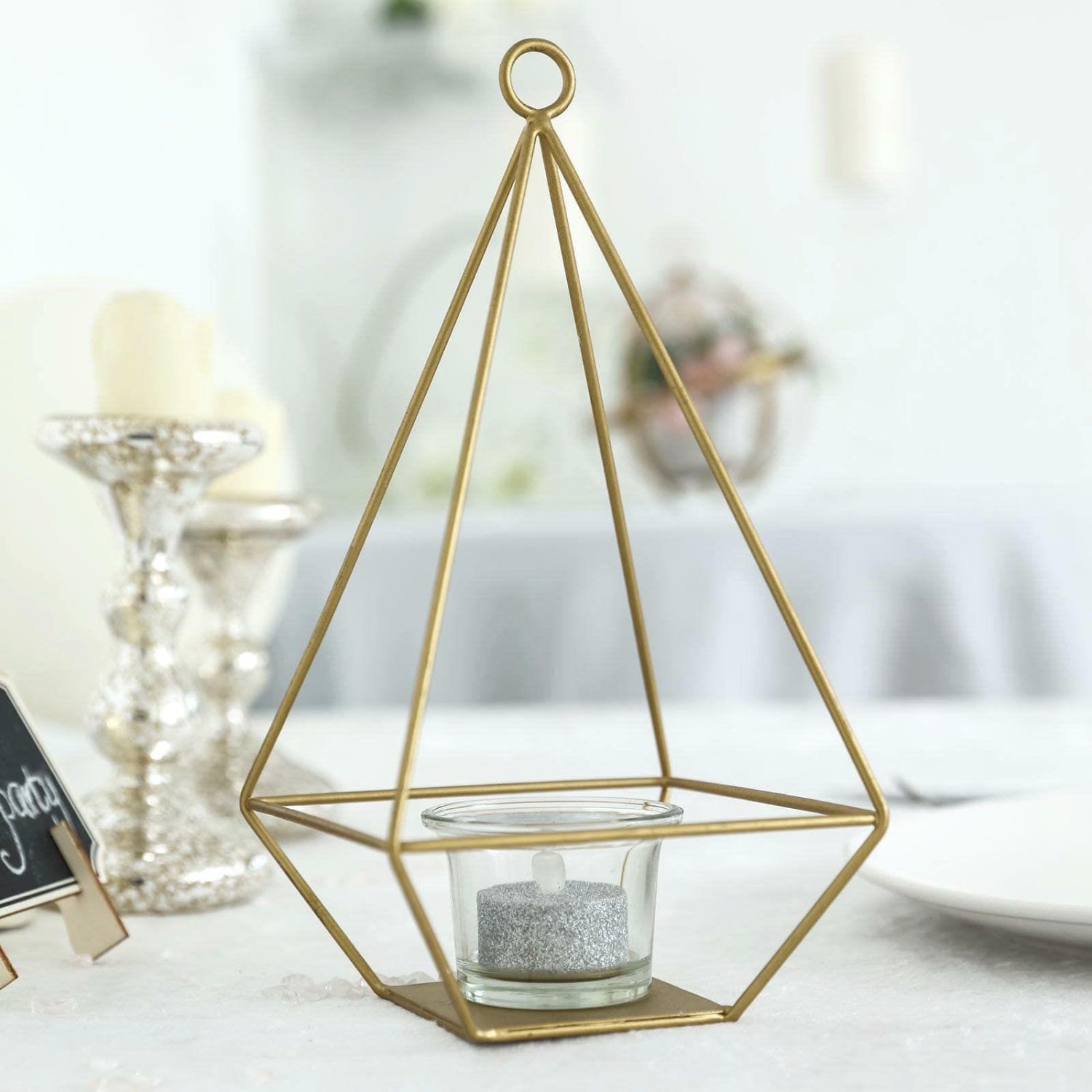 Metal Candle Holders | 2 Pack Gold Metal Pyramid Shaped Tealight Candle Holders, Open Frame Geometric Flower Stand 9″ Candelabra Gold