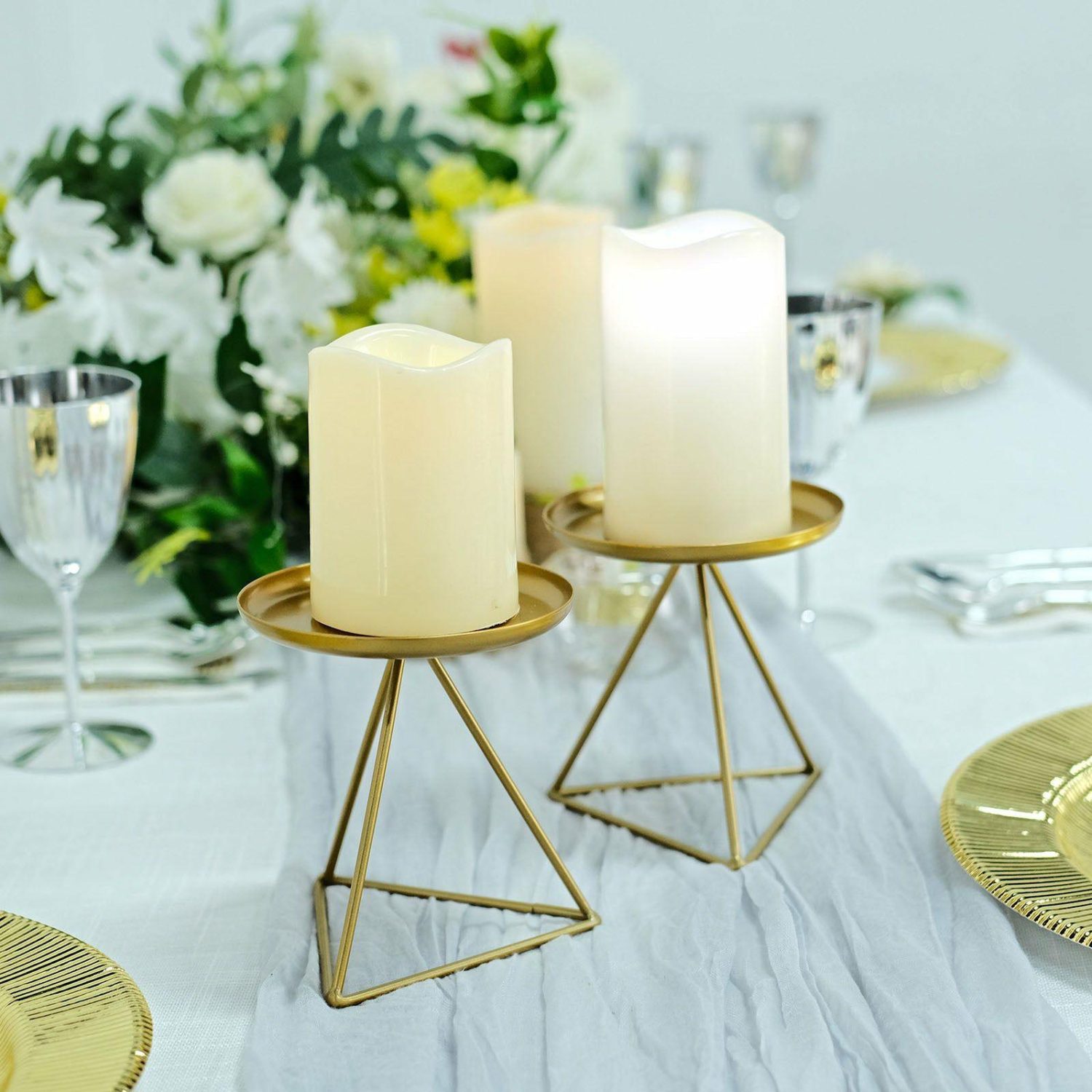 Metal Candle Holders | 2 Pack Gold Metal Triangle Base Pillar Candle Holder Stands, Geometric Table Centerpieces 5″ Candelabra Metal Candle Holders