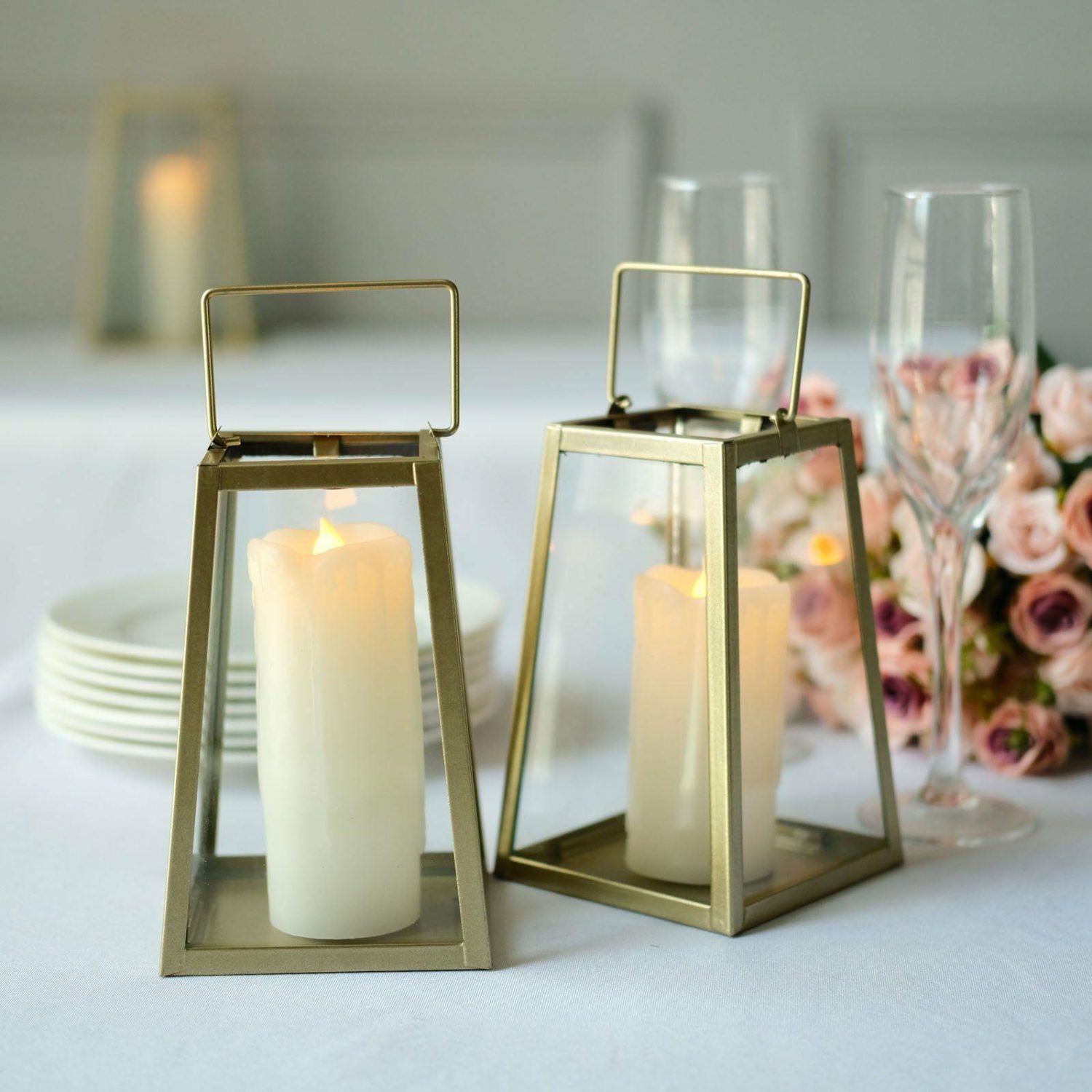 Metal Candle Holders | 2 Pack Gold Trapezoid Metal Candle Lanterns, Geometric Hanging Terrariums, Table Centerpiece, Indoor/Dry Outdoor Planter Lantern 6″ Candelabra Metal Candle Holders