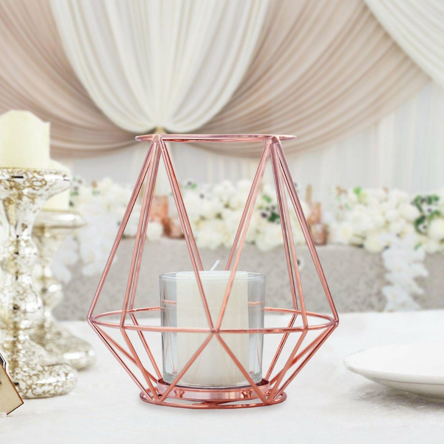 Metal Candle Holders | 2 Pack Rose Gold Geometric Metal Wired Candle Holder Set and Glass Votive Holder Set 7″ Candelabra Metal Candle Holders