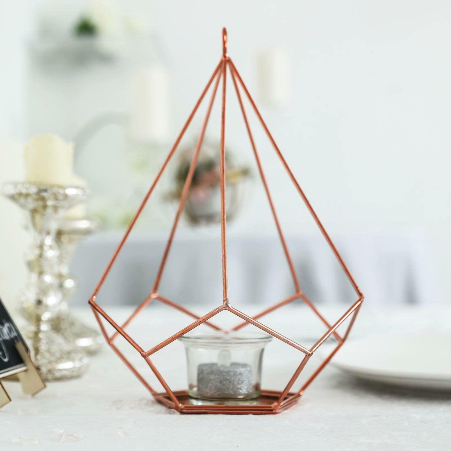 Metal Candle Holders | 2 Pack Rose Gold Metal Pentagon Tealight Candle Holders, Open Frame Geometric Flower Stand 9″ Candelabra Metal Candle Holders