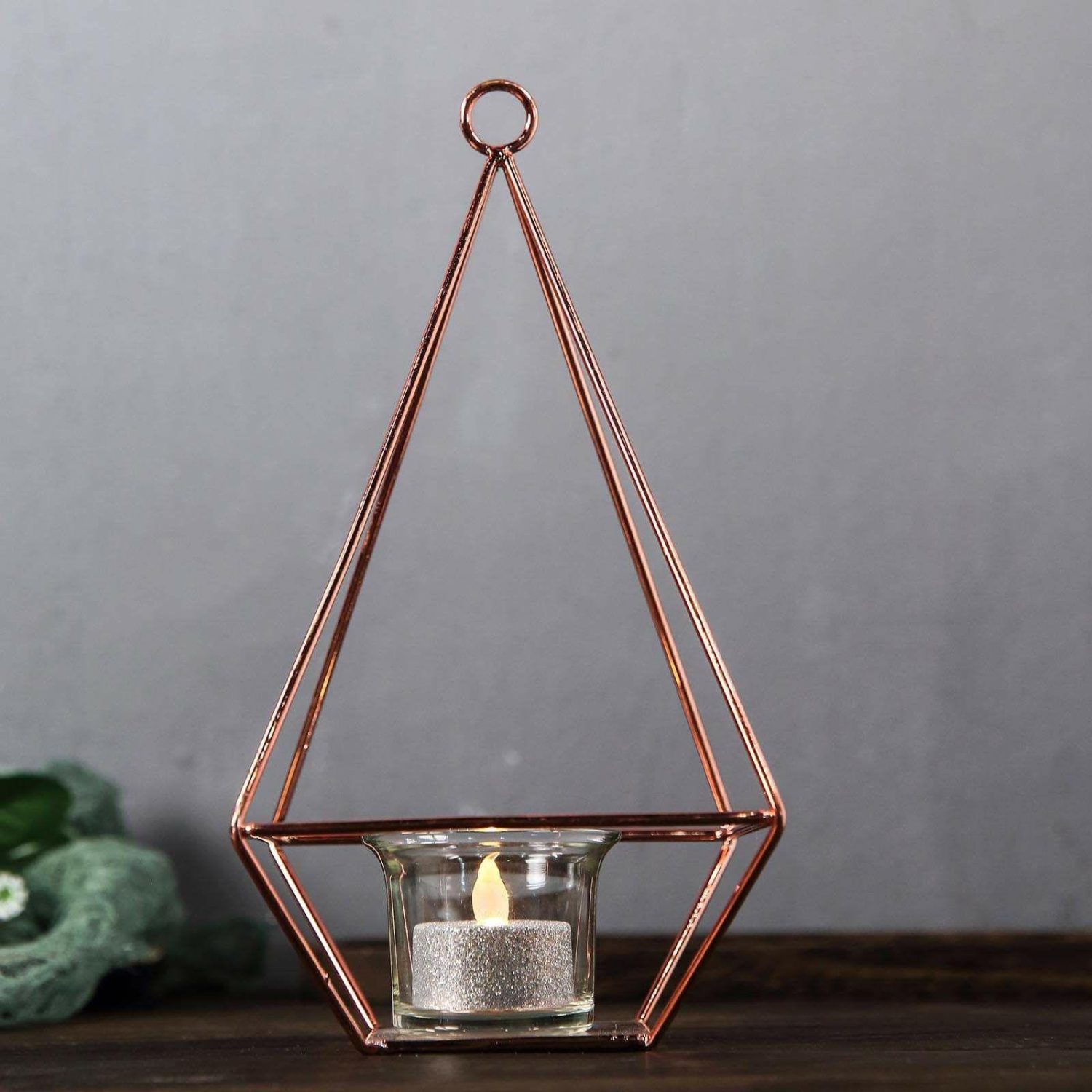 Metal Candle Holders | 2 Pack Rose Gold Pyramid Shaped Tealight Candle Holders, Open Frame Metal Geometric Flower Stand 9″ Candelabra Metal Candle Holders