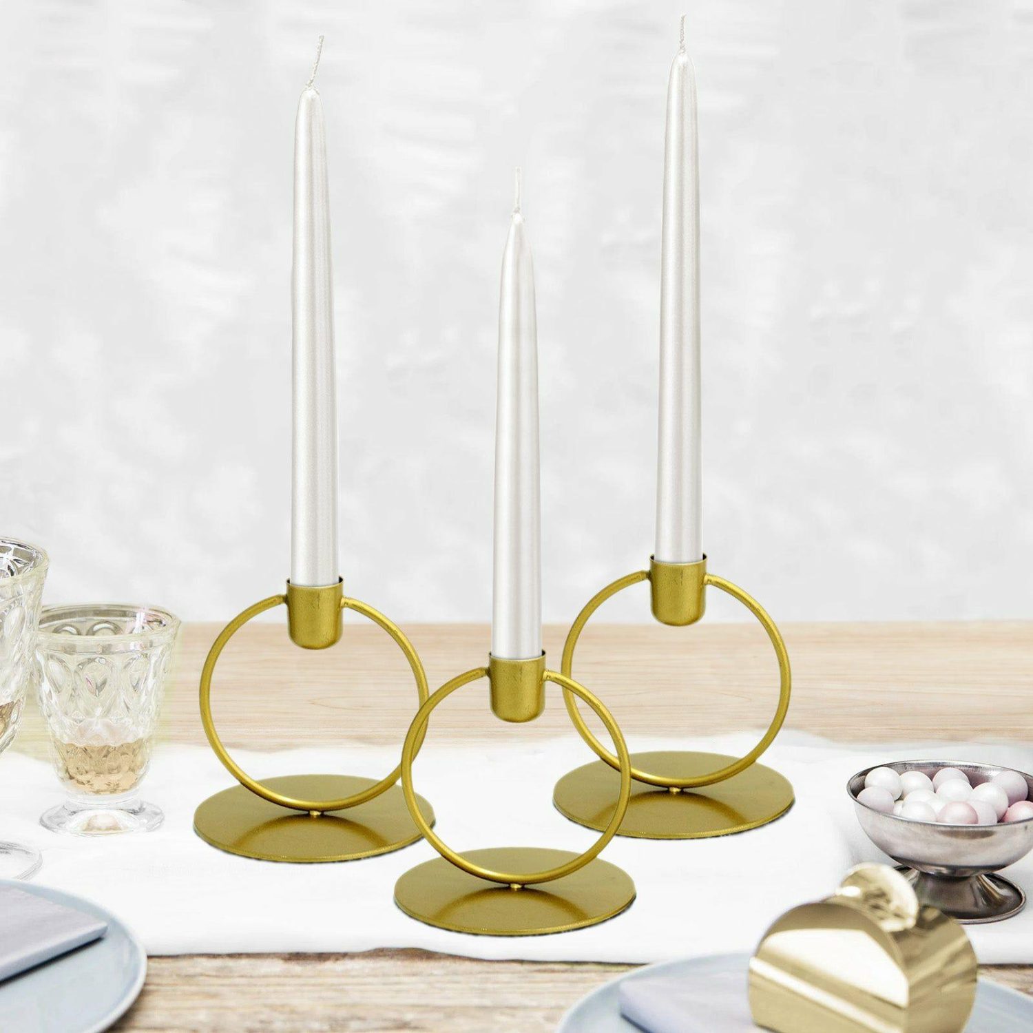 Metal Candle Holders | 3 Pack Gold Metal Ring Frame Taper Candle Holder Stands, Geometric Table Centerpieces 4″ Candelabra Metal Candle Holders