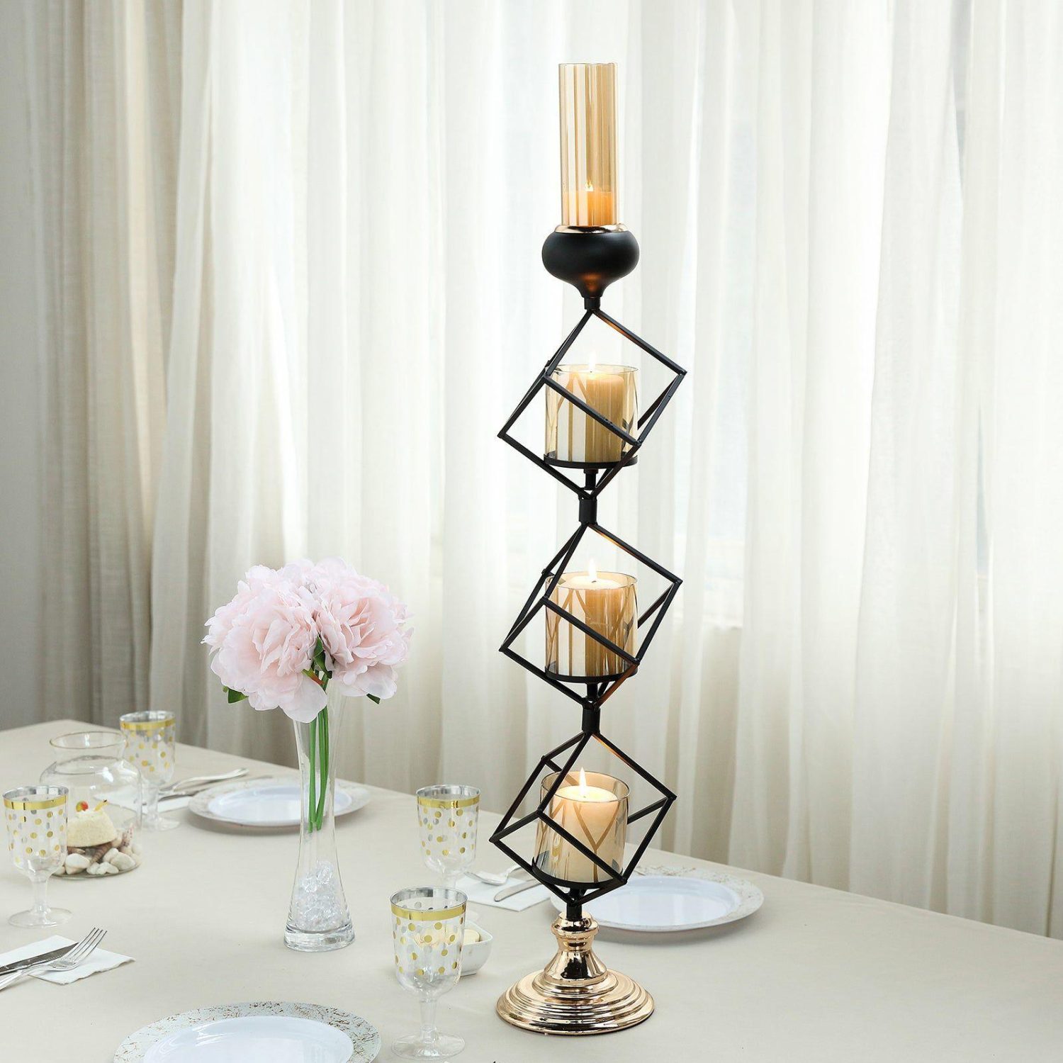 Metal Candle Holders | 3-Tier Stacked Black Geometric Candle Holder with Amber Glass Votives & Gold Trim 28″ Tall Candelabra Metal Candle Holders