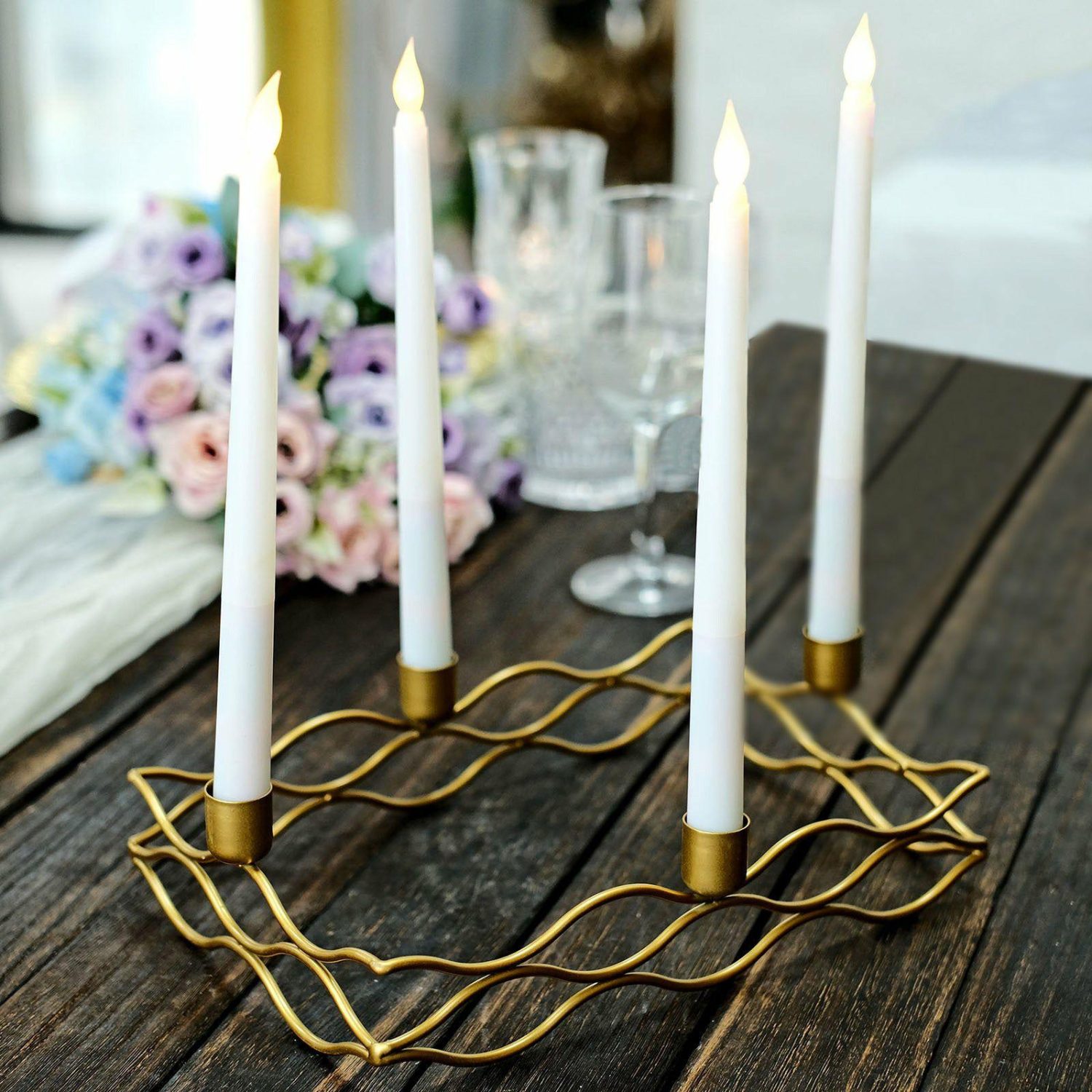 Metal Candle Holders | 4 Arm Rectangular Gold Metal Taper Candle Wreath Candelabra Candlestick Holder 12″x8″ Candelabra 4 Arms