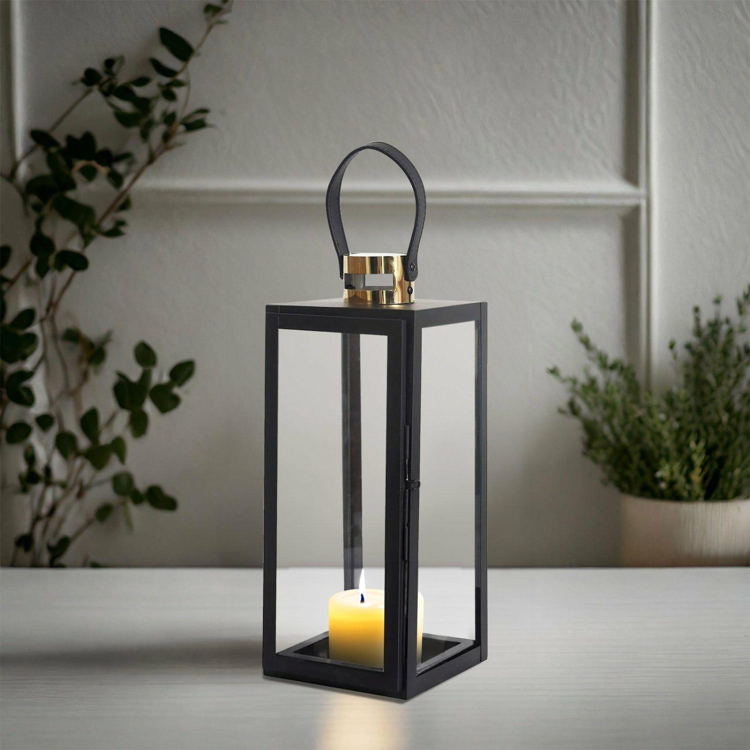 Metal Candle Holders | Black and Gold Top Stainless Steel Candle Lantern Centerpiece Outdoor Metal Patio Lantern 20″ Candelabra Black