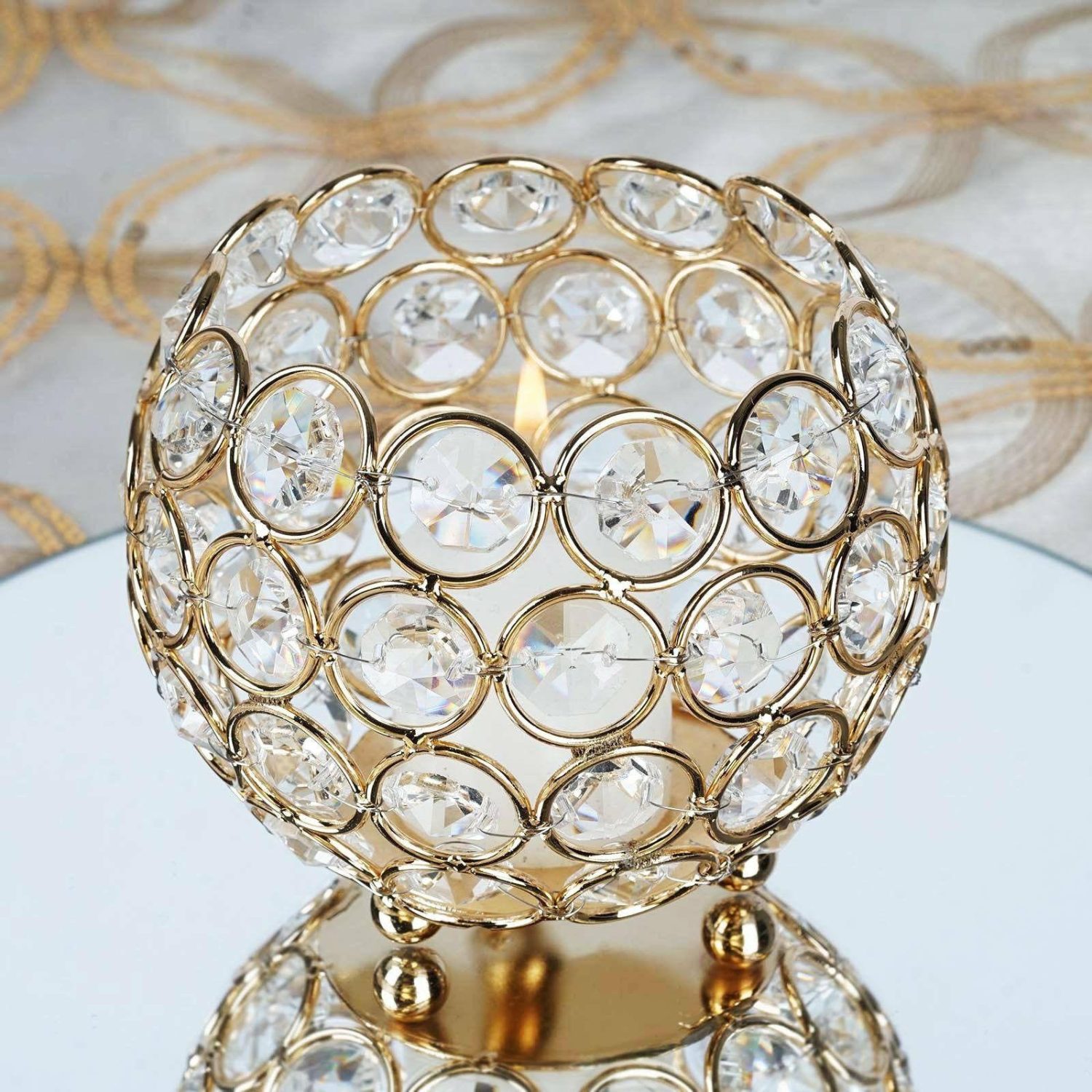 Metal Candle Holders | Gold Crystal Beaded Metal Votive Tealight Candle Holder, Multipurpose Table Vase 4″ Round Candelabra Gold