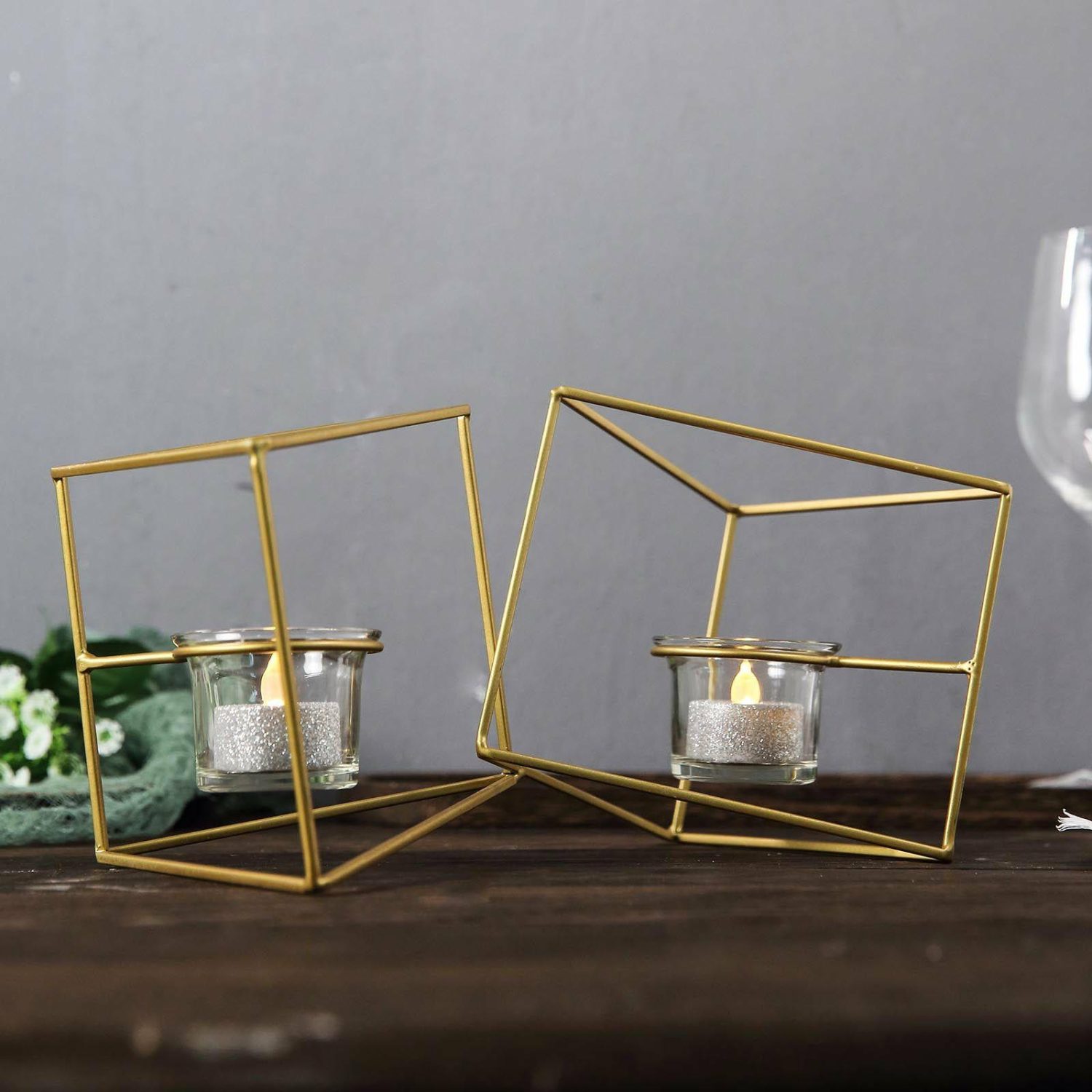 Metal Candle Holders | Gold Geometric Candle Holder Set – Linked Metal Geometric Centerpieces with Votive Glass Holders 9″ Candelabra Gold