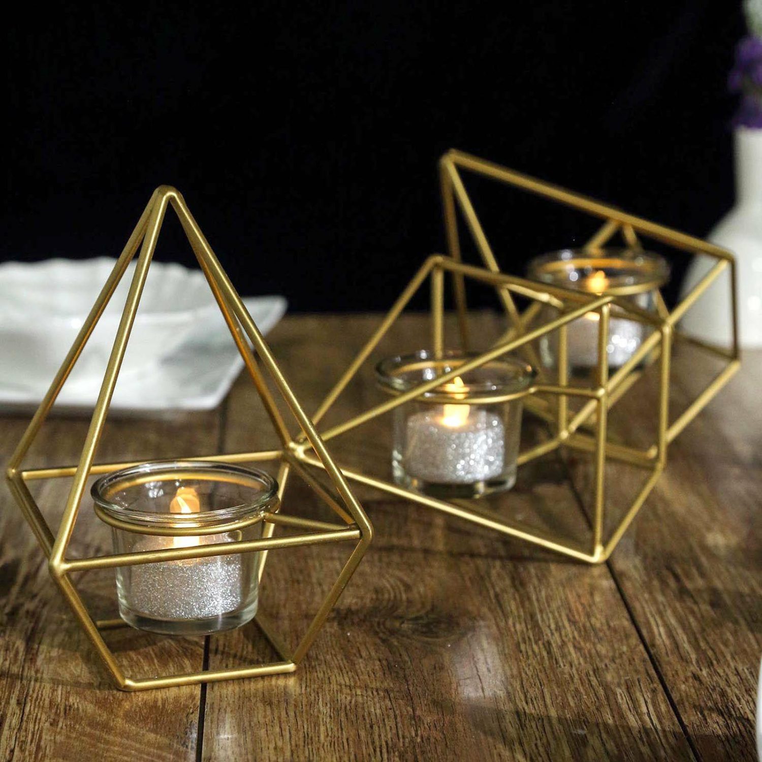 Metal Candle Holders | Gold Linked Geometric Tealight Candle Holder Set With Votive Glass Holders 16″ Long Candelabra Gold