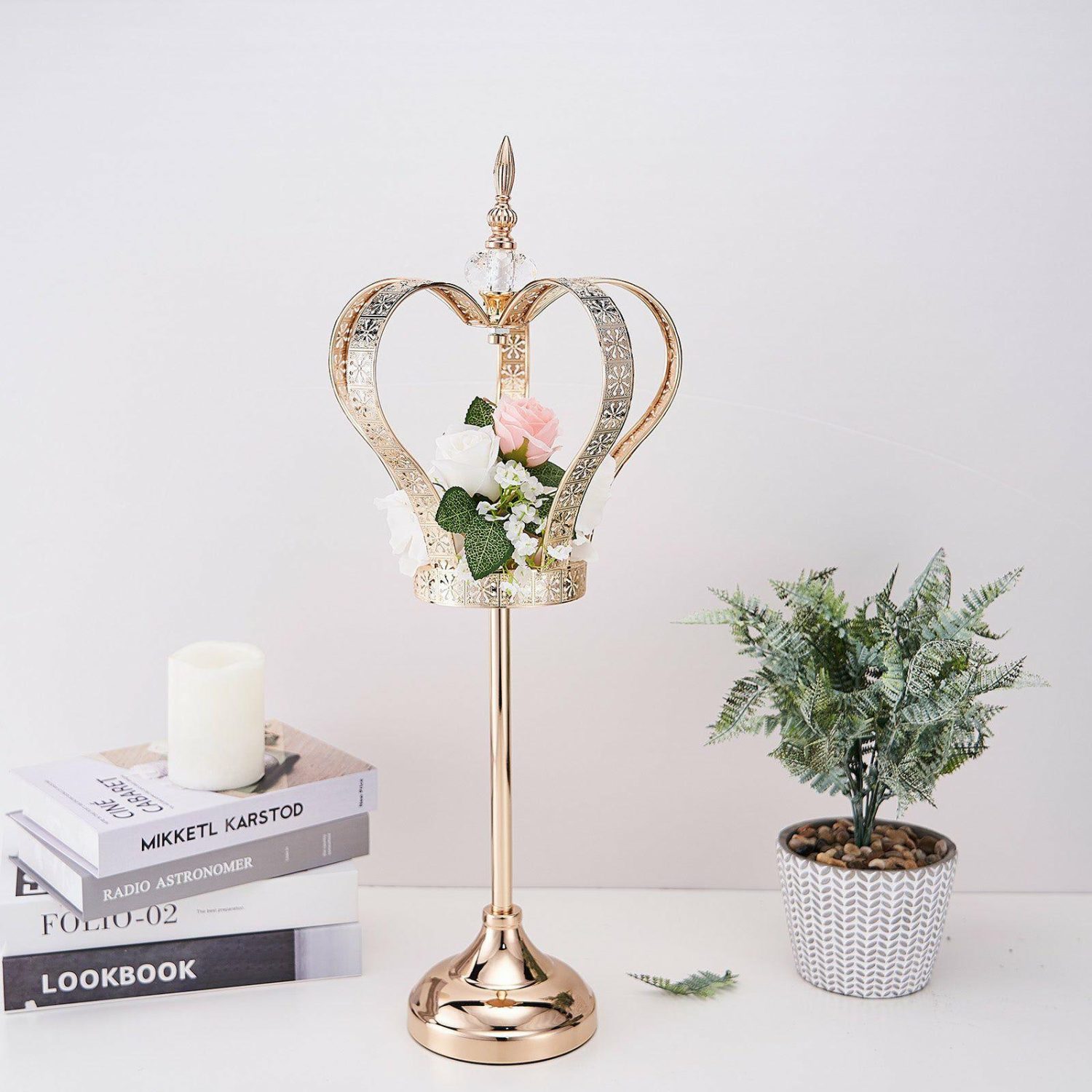 Metal Candle Holders | Gold Metal Crown Pillar Candle Holder Stand, Votive Holder Centerpiece 25″ Candelabra Metal Candle Holders