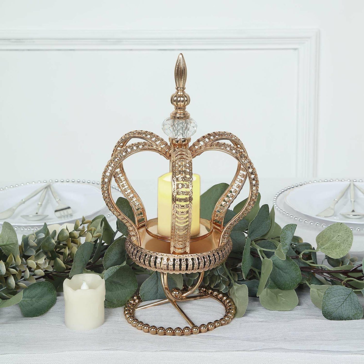 Metal Candle Holders | Gold Metal Crown Spiral Pillar Candle Holder Stand, Jeweled Votive Candle Centerpiece 13″ Candelabra Metal Candle Holders