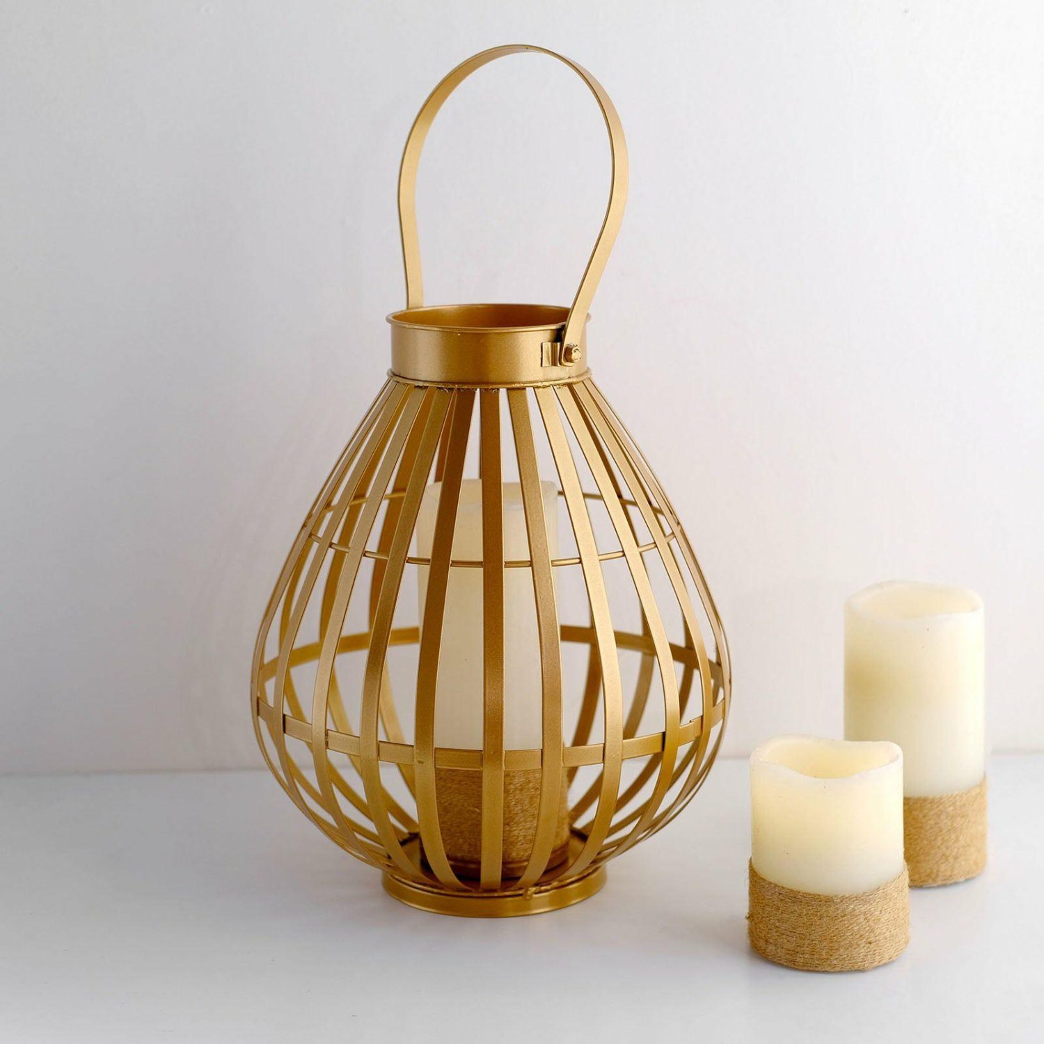 Metal Candle Holders | Gold Metal Open Weave Basket Candle Lantern Indoor/Patio Centerpiece with Handle 17″ Tall Candelabra Metal Candle Holders