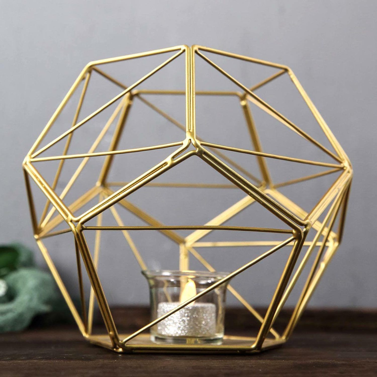 Metal Candle Holders | Gold Metal Pentagon Prism Tealight Candle Holder, Open Frame Geometric Flower Stand 7″ Candelabra Gold