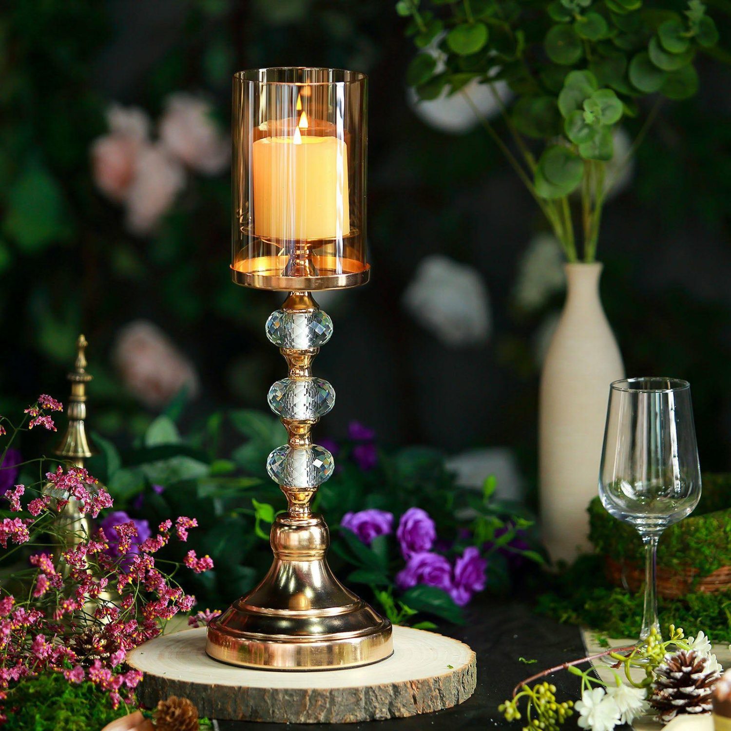 Metal Candle Holders | Gold Metal Pillar Candle Holder With Hurricane Glass Tube and Crystal Globes 17″ Tall Candelabra Metal Candle Holders