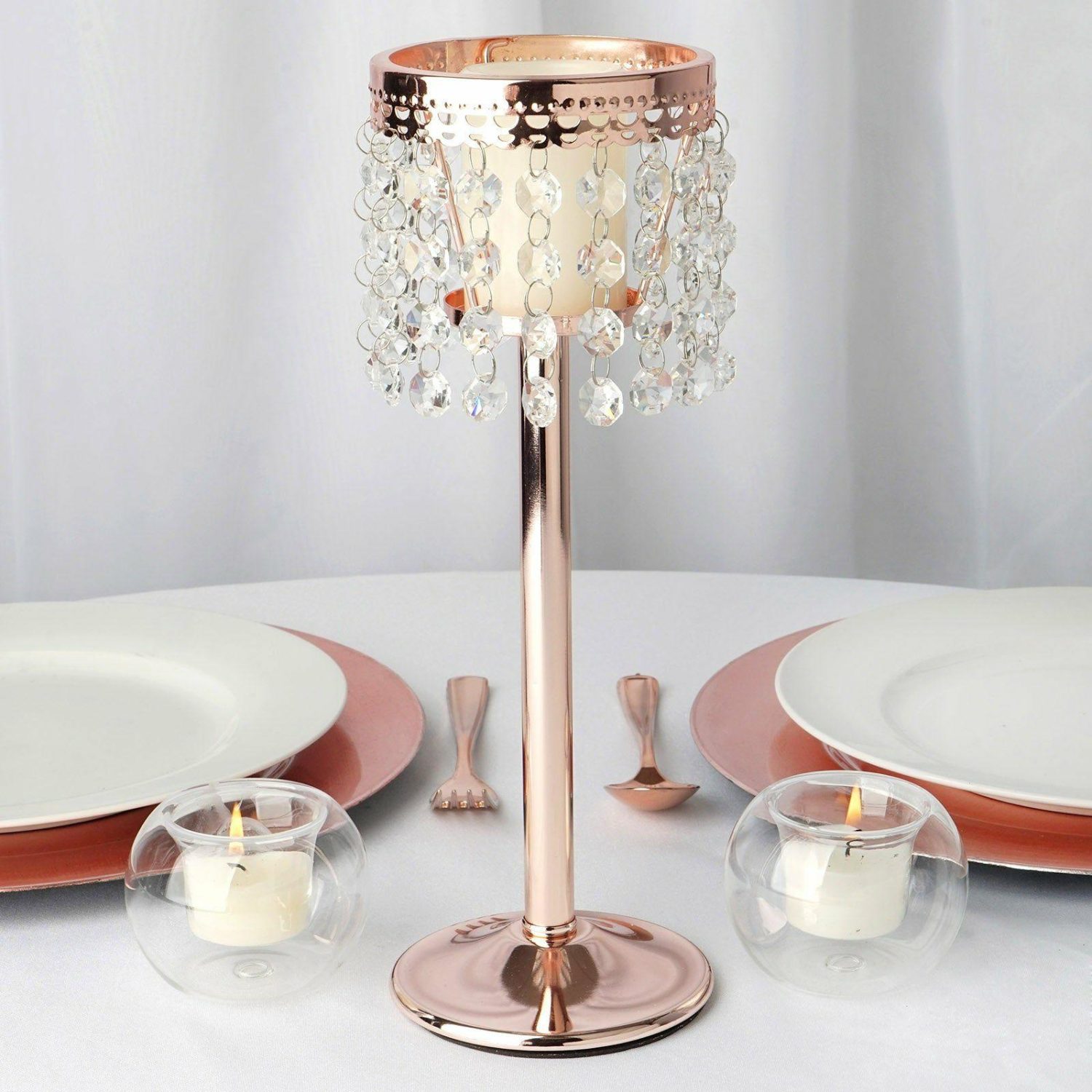 Metal Candle Holders | Rose Gold Crystal Beaded Chandelier Votive Pillar Candle Holder, Metal Tealight Candle Stand 12″ Candelabra Metal Candle Holders