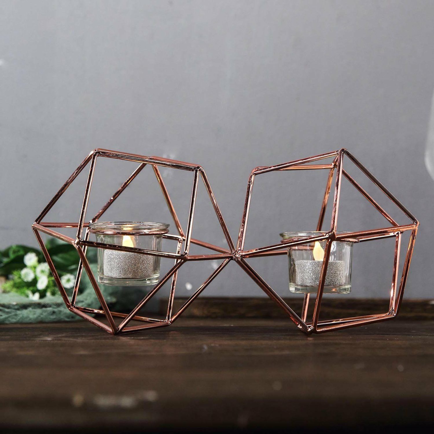 Metal Candle Holders | Rose Gold Geometric Candle Holder Set – Linked Metal Geometric Centerpieces with Votive Glass Holders 11″ Candelabra Blush/Rose gold