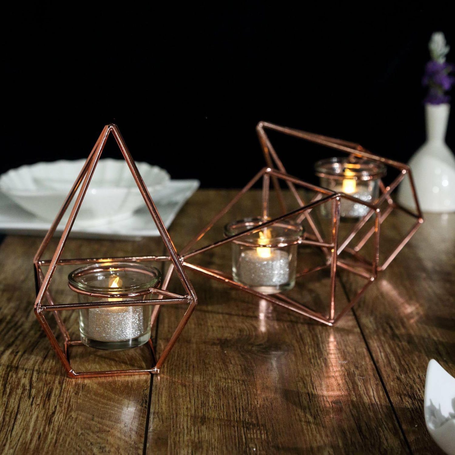 Metal Candle Holders | Rose Gold Geometric Candle Holder Set – Linked Metal Geometric Centerpieces with Votive Glass Holders 16″ Candelabra Blush/Rose gold