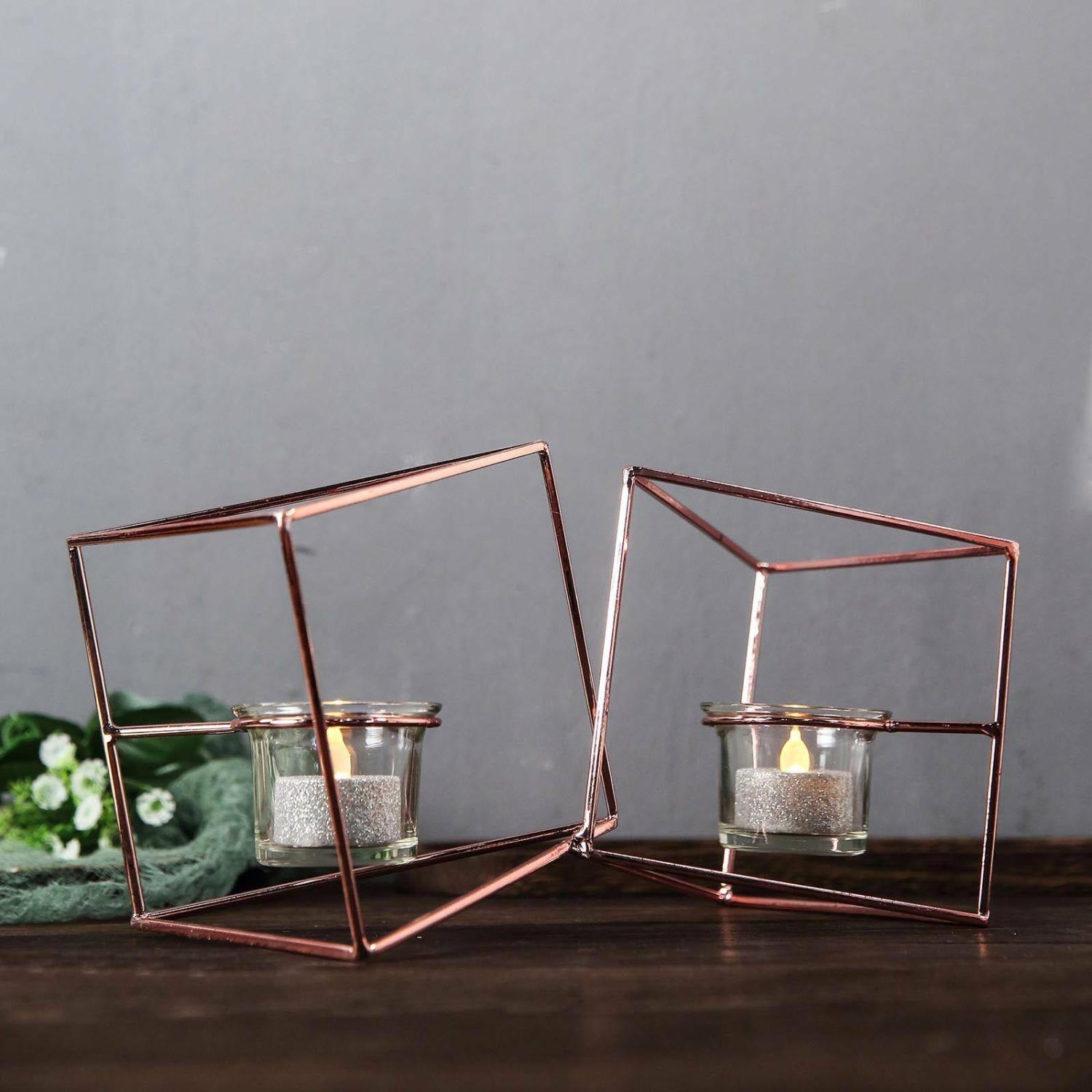 Metal Candle Holders | Rose Gold Geometric Candle Holder Set – Linked Metal Geometric Centerpieces with Votive Glass Holders 9″ Candelabra Blush/Rose gold