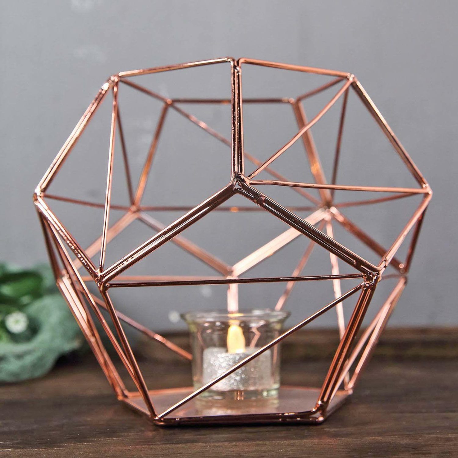 Metal Candle Holders | Rose Gold Metal Pentagon Prism Tealight Candle Holder, Open Frame Geometric Flower Stand 7″ Candelabra Metal Candle Holders