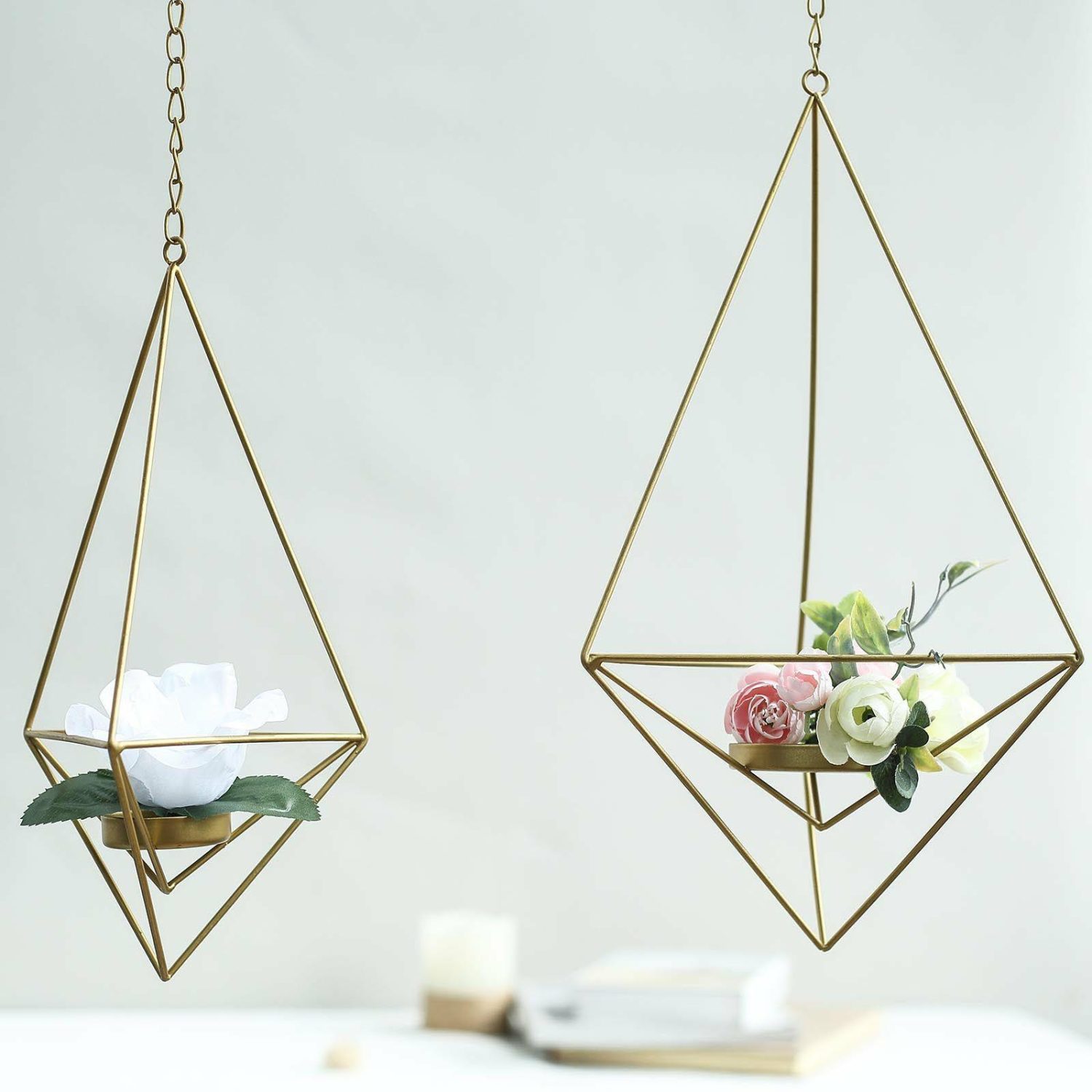 Metal Candle Holders | Set Of 2 Gold Geometric Hanging Tealight Candle Holders, Diamond Shaped Open Frame Metal Terrarium Planters 12″, 15″ Candelabra Gold