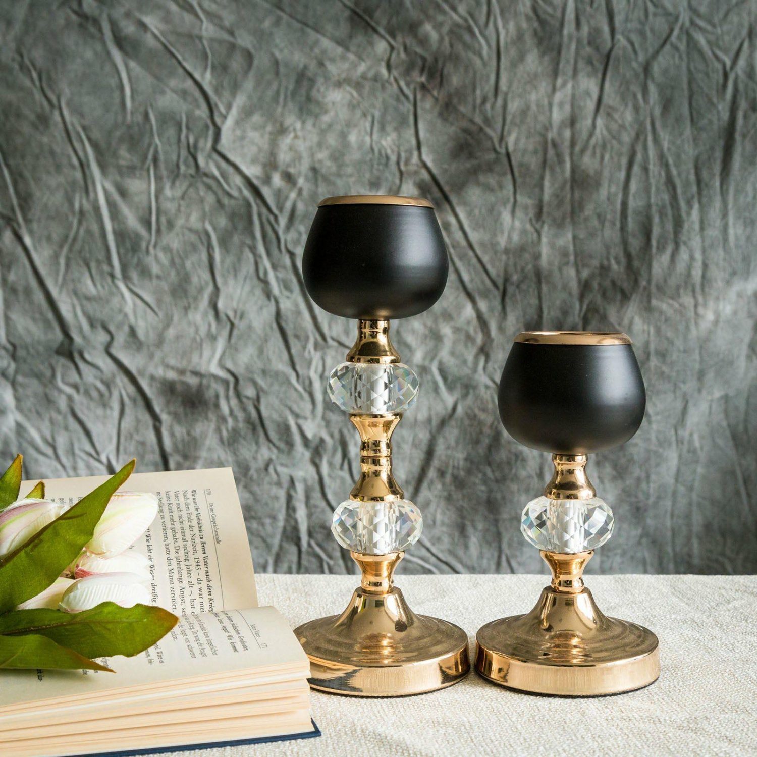 Metal Candle Holders | Set of 2 Gold/Black Metal Crystal Lamp Tealight Votive Candle Holder 7″ 11″ Candelabra Metal Candle Holders