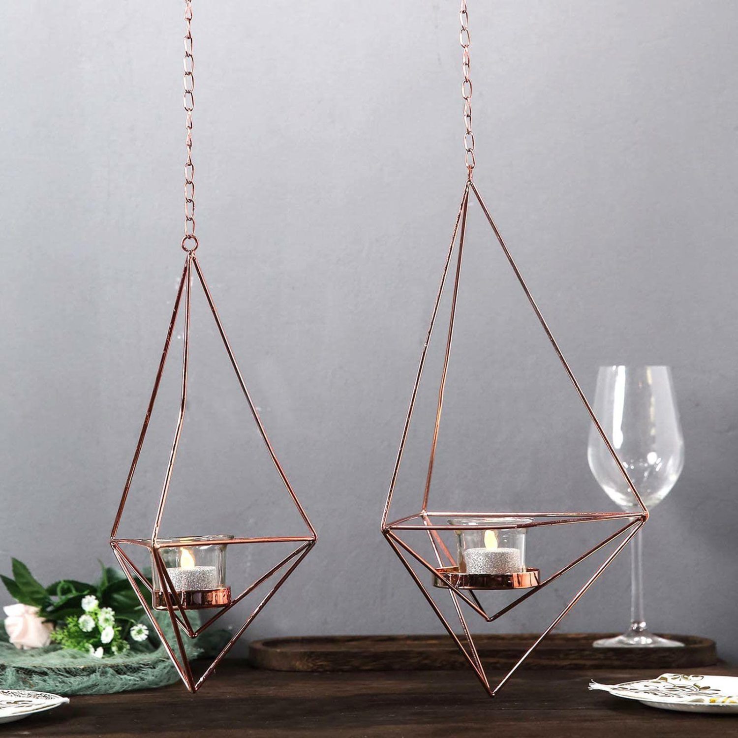 Metal Candle Holders | Set of 2 Rose Gold Hanging Diamond Tealight Candle Holders, Open Frame Metal Geometric Flower Terrariums 12″, 15″ Candelabra Metal Candle Holders