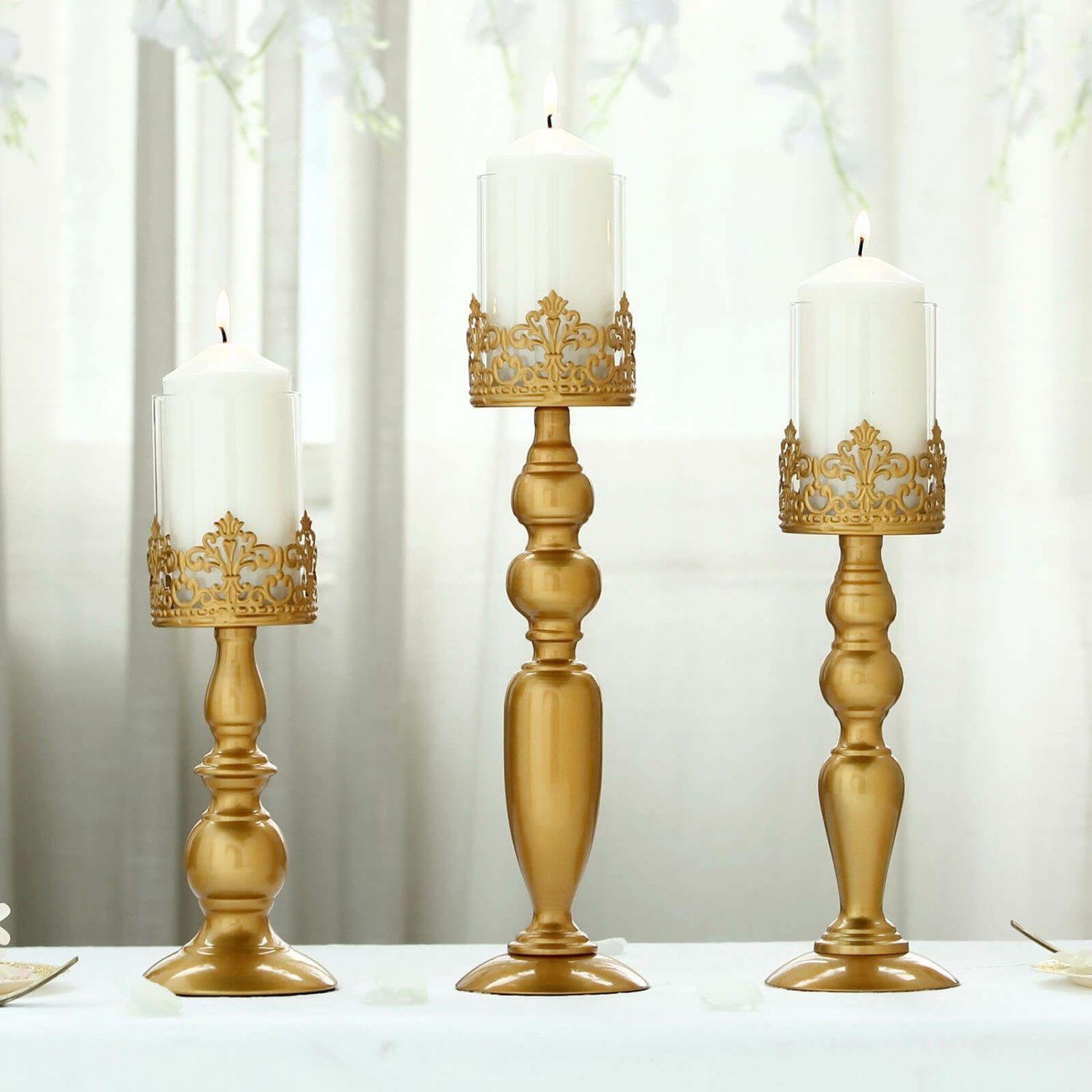 Metal Candle Holders | Set of 3 Antique Gold Lace Hurricane Glass Pillar Candle Holders 12″/14″/17″ Candelabra Metal Candle Holders