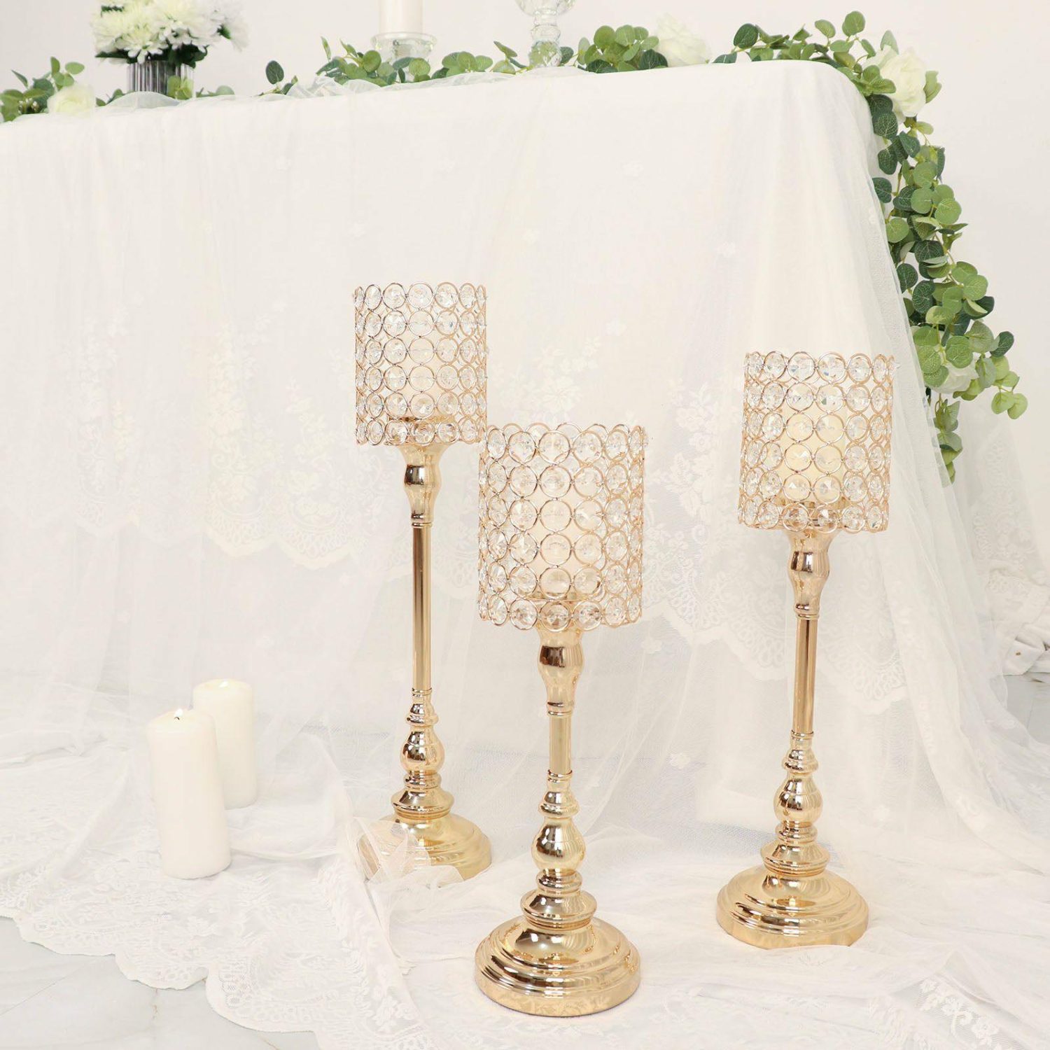 Metal Candle Holders | Set of 3 Gold Crystal Beaded Goblet Votive Candle Holder Centerpieces, Tea Light Candle Stands 18″, 16″, 14″ Candelabra Metal Candle Holders