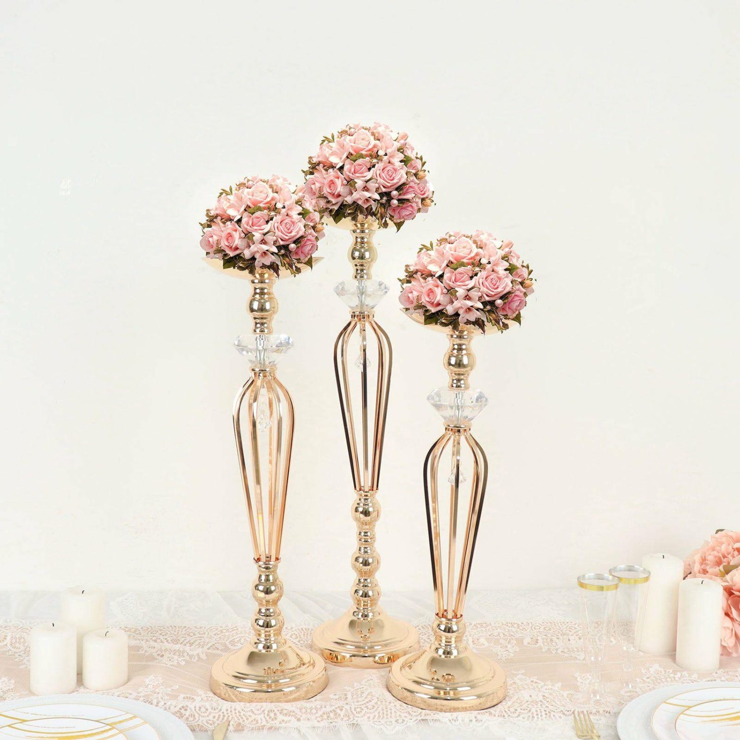 Metal Candle Holders | Set of 3 Gold Metal Crystal Ball Flower Bowl Pedestal Stand Set, Pillar Candle Holder Stands 20″, 23″, 25″ Candelabra Metal Candle Holders