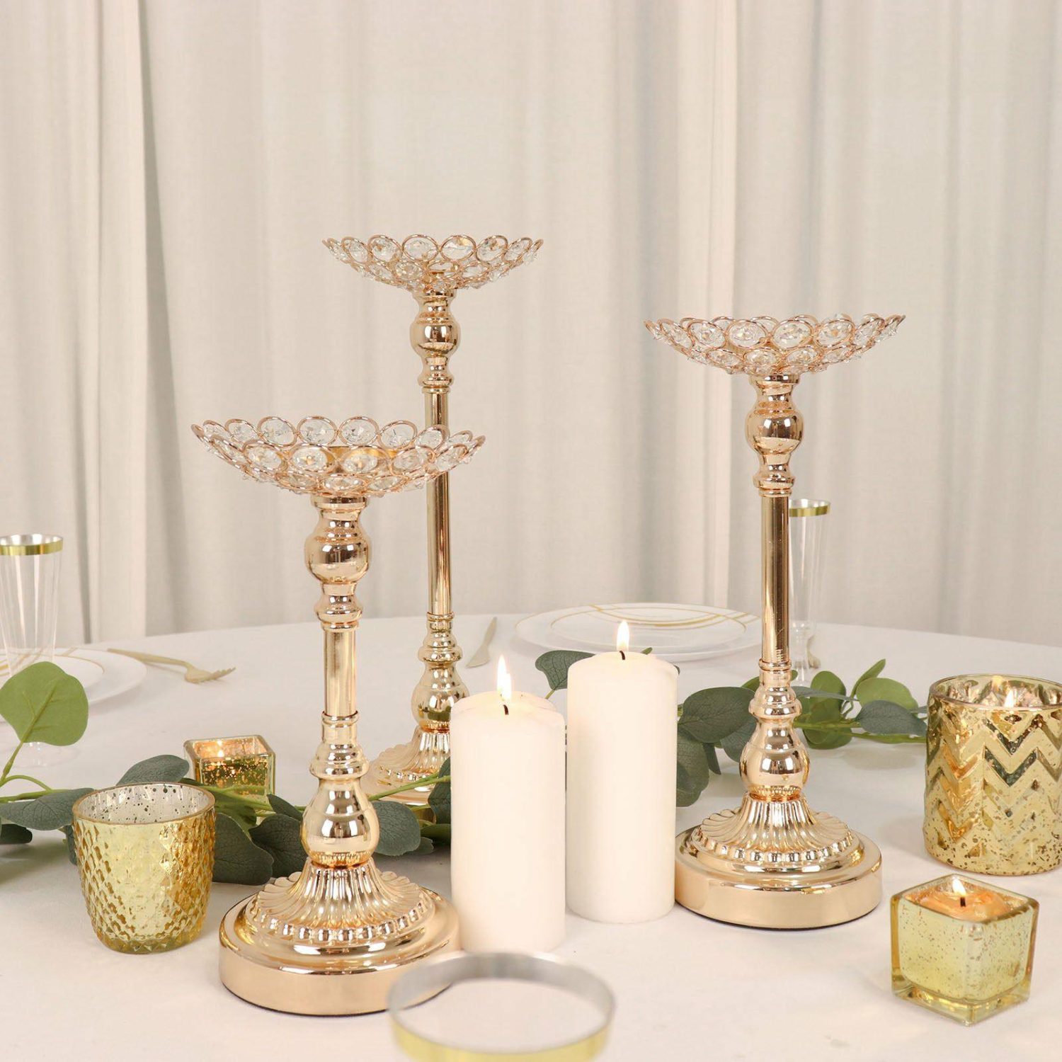 Metal Candle Holders | Set of 3 Gold Metal Crystal Beaded Votive Candle Holder Centerpieces, Tea Light Candle Holder Stands 11″,13″,15″ Candelabra Metal Candle Holders