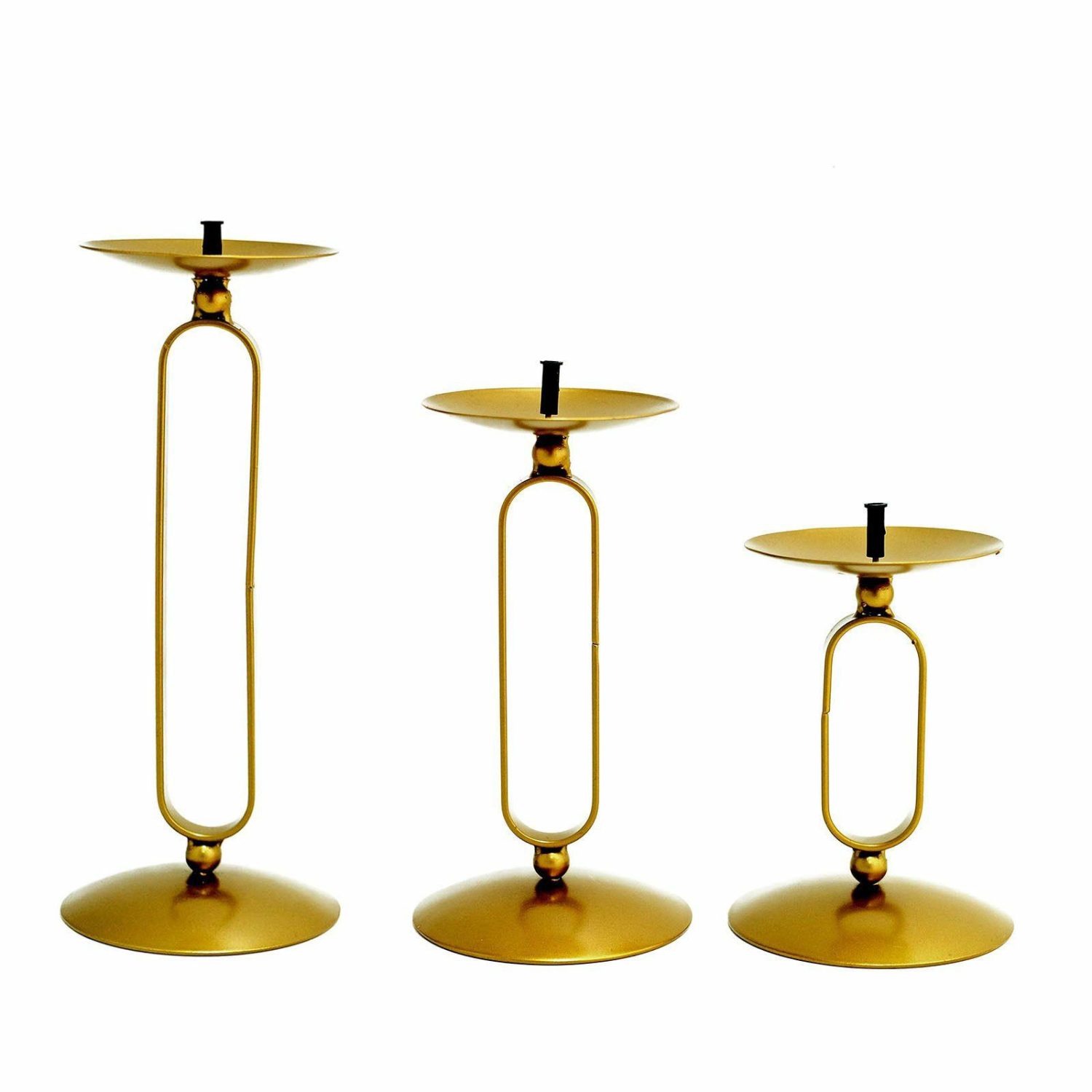 Metal Candle Holders | Set of 3 Gold Metal Oval Frame Pillar Candle Holder Stands, Geometric Table Centerpieces – Assorted Sizes Candelabra Metal Candle Holders