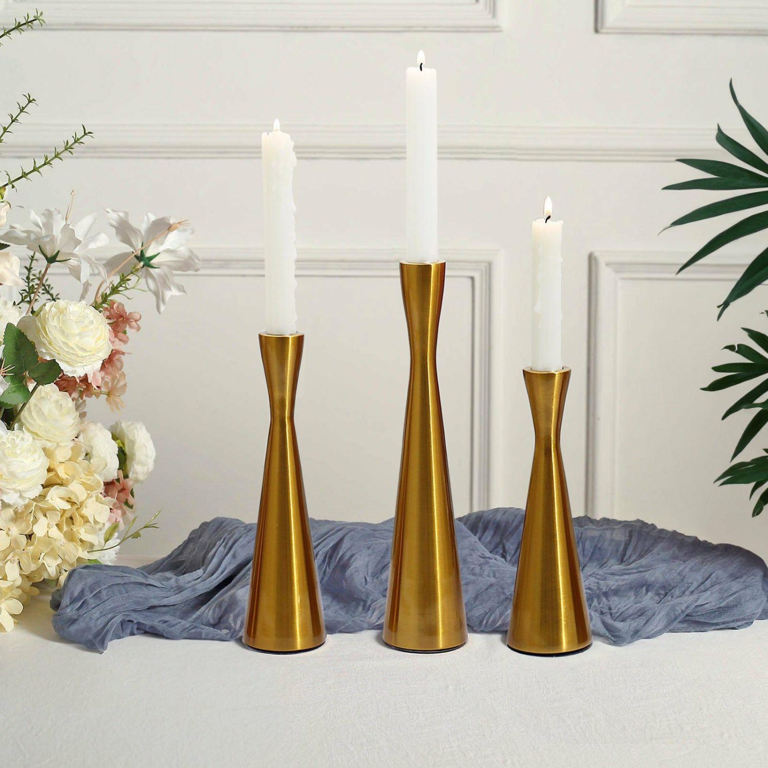 Metal Candle Holders | Set of 3 Modern Hourglass Style Gold Metal Taper Candle Holders, Nordic European Style Candlestick Stands – 8″,9″,11″ Candelabra Hourglass Style