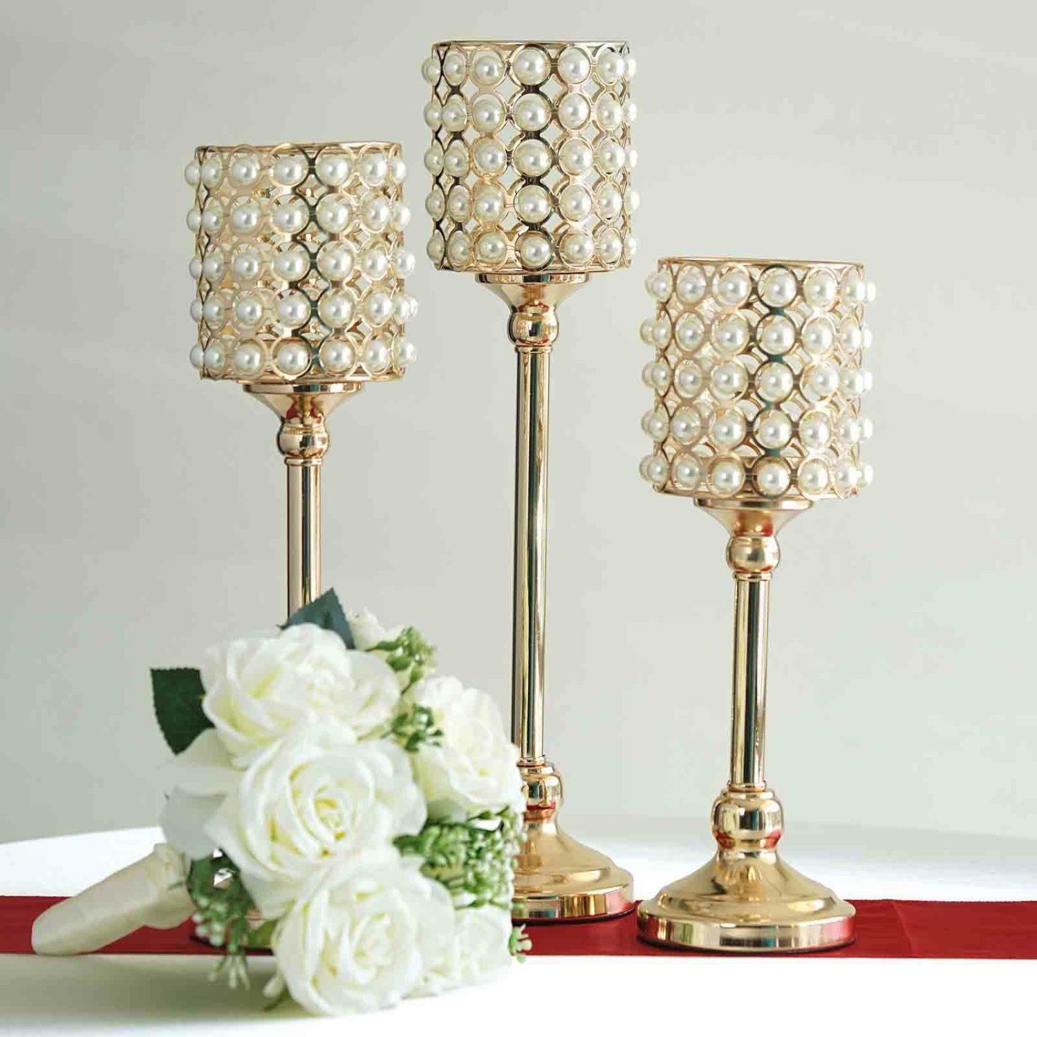 Metal Candle Holders | Set of 3 White Pearl Beaded Gold Votive Candle Holders, Small Pillar Candle Stands 12″ 14″ 16″ Candelabra Metal Candle Holders