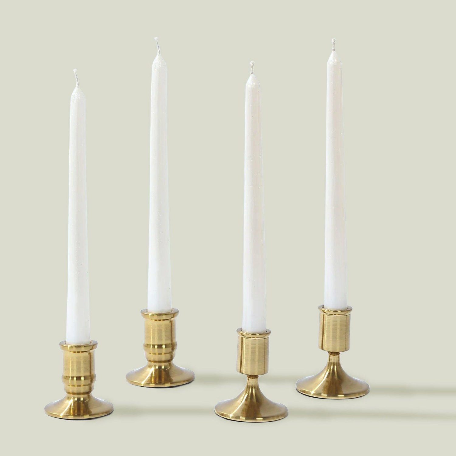 Metal Candle Holders | Set of 4 Vintage Gold Metal Taper Candle Holders with Sturdy Round Base, Traditional Pillar Candle Base Candlestick Holders – 2.5″,3″ Candelabra Cylinder Top W/ Short Stem