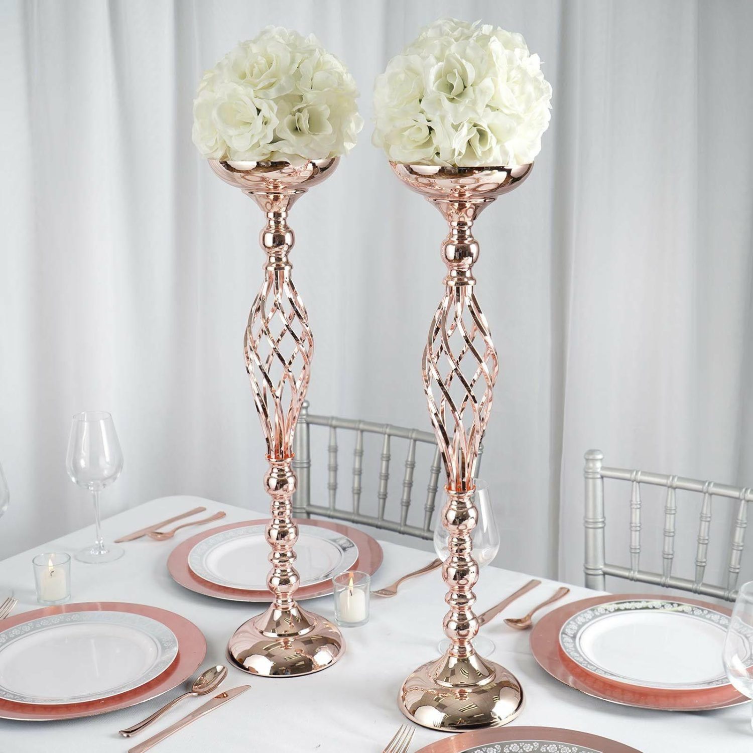 Metal Floral Vases | 2 Pack Rose Gold Reversible Pillar Candle Holder Set Flower Ball Pedestal Stand 26″ Floral Vase Metal Floral Vases