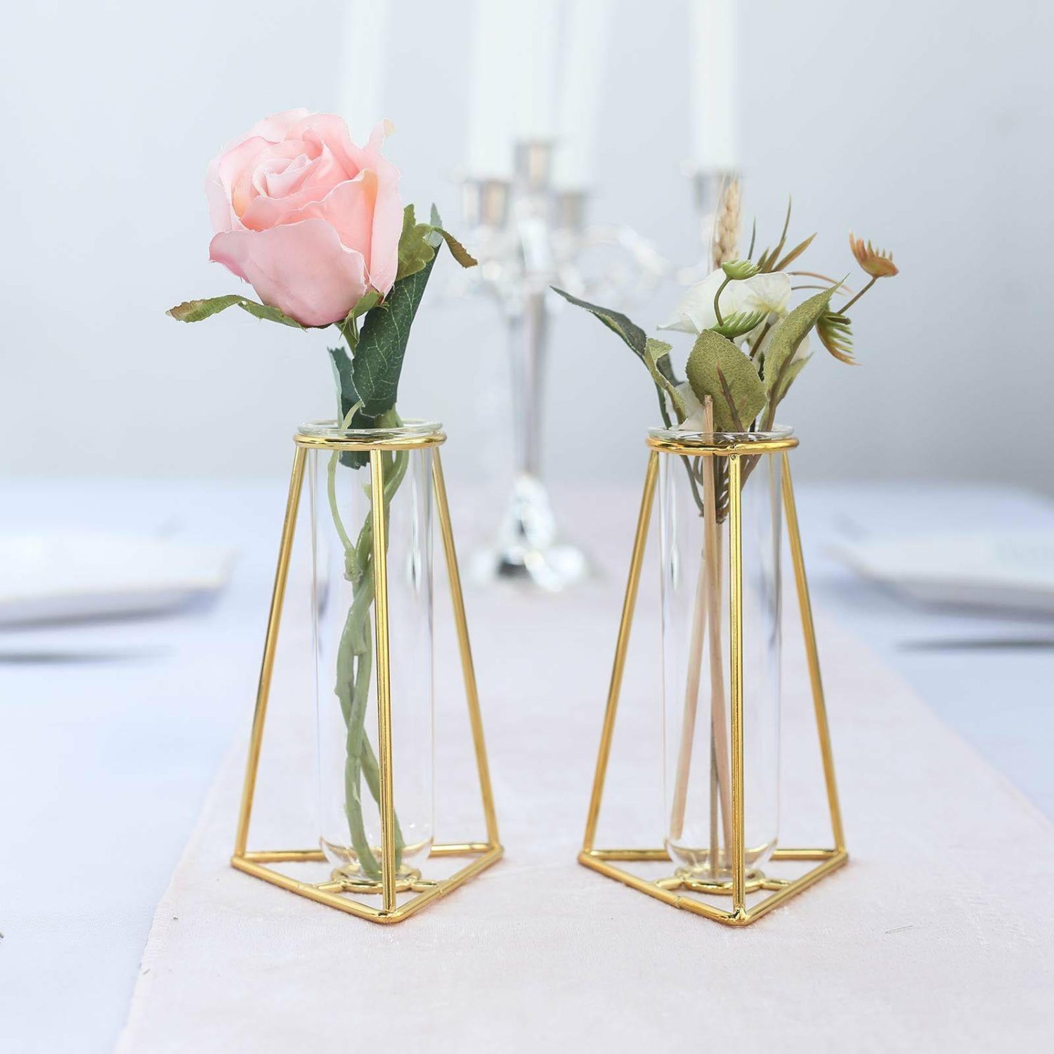 Metal Floral Vases | 2 Pack Triangular Gold Metal Frame Test Tube Bud Vases, Mini Geometric Wedding Centerpieces 6″ Floral Vase Metal Floral Vases