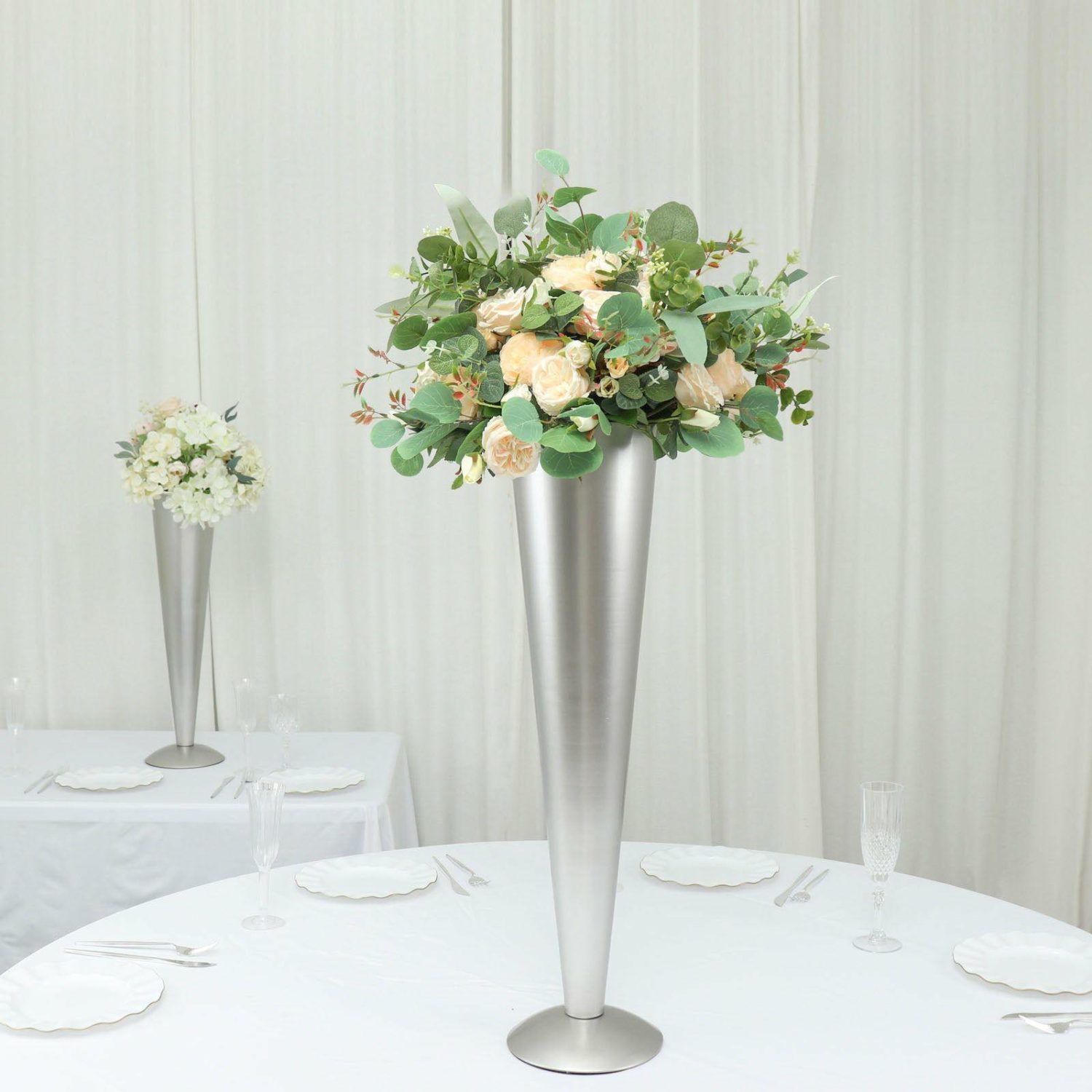 Metal Floral Vases | Brushed Silver Metal Trumpet Flower Vase Wedding Centerpiece 24″ Tall Display Props Metal Floral Vases