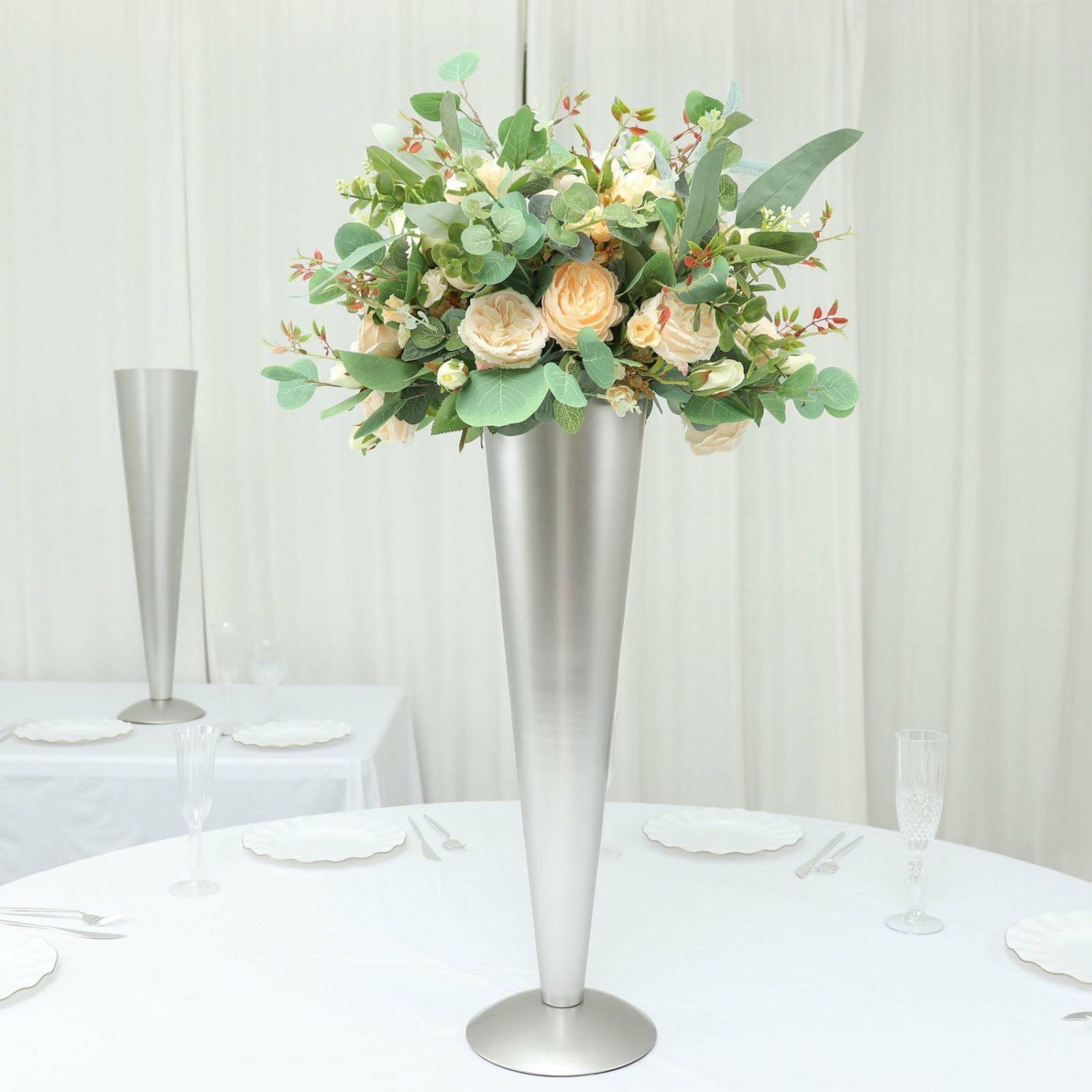 Metal Floral Vases | Brushed Silver Metal Trumpet Flower Vase Wedding Centerpiece 28″ Tall Floral Vase Metal Floral Vases