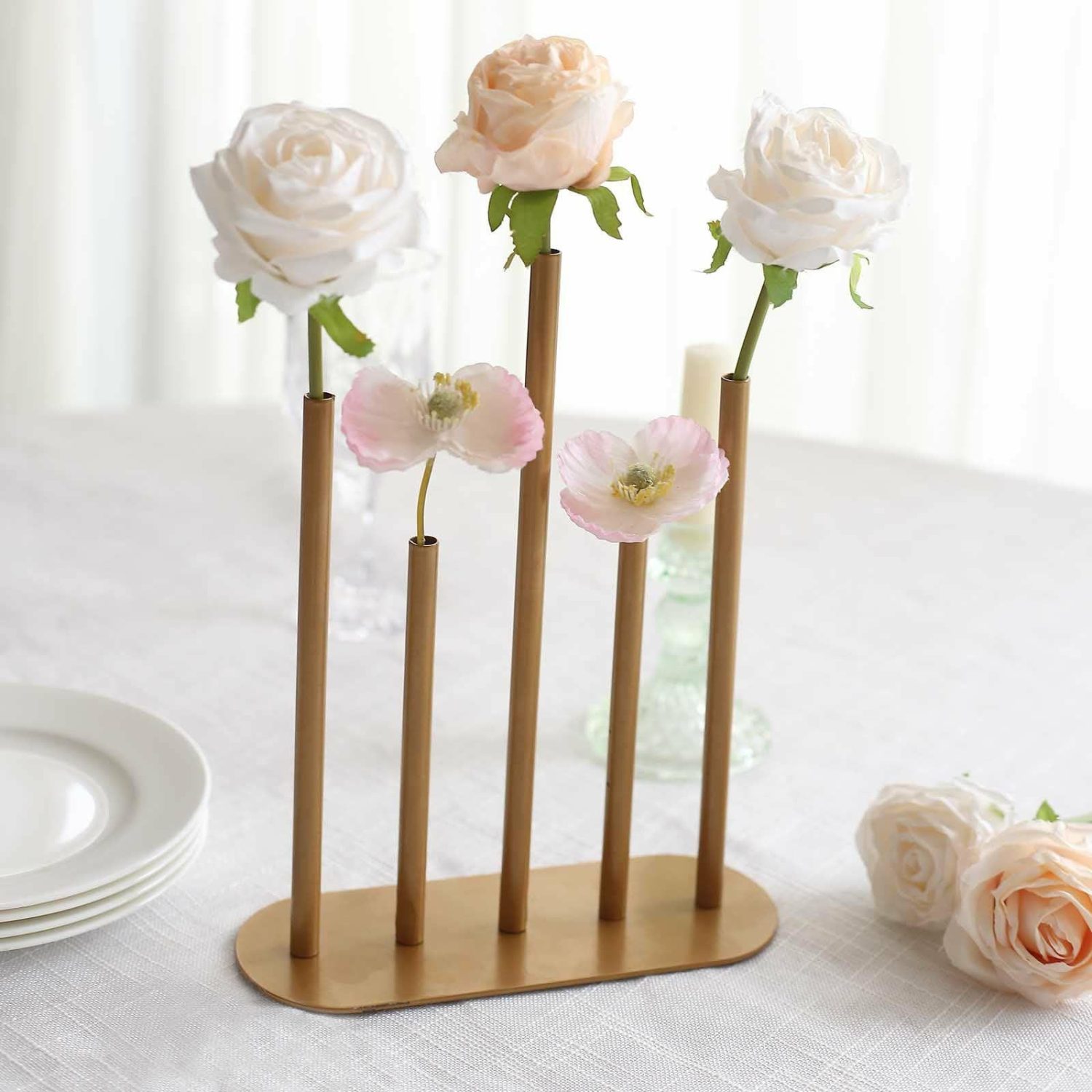 Metal Floral Vases | Gold Metal Minimalist Bud Vase Centerpiece, 5-Tubes Single Stem Flower Vase – 10″ Tall Floral Vase Metal Floral Vases