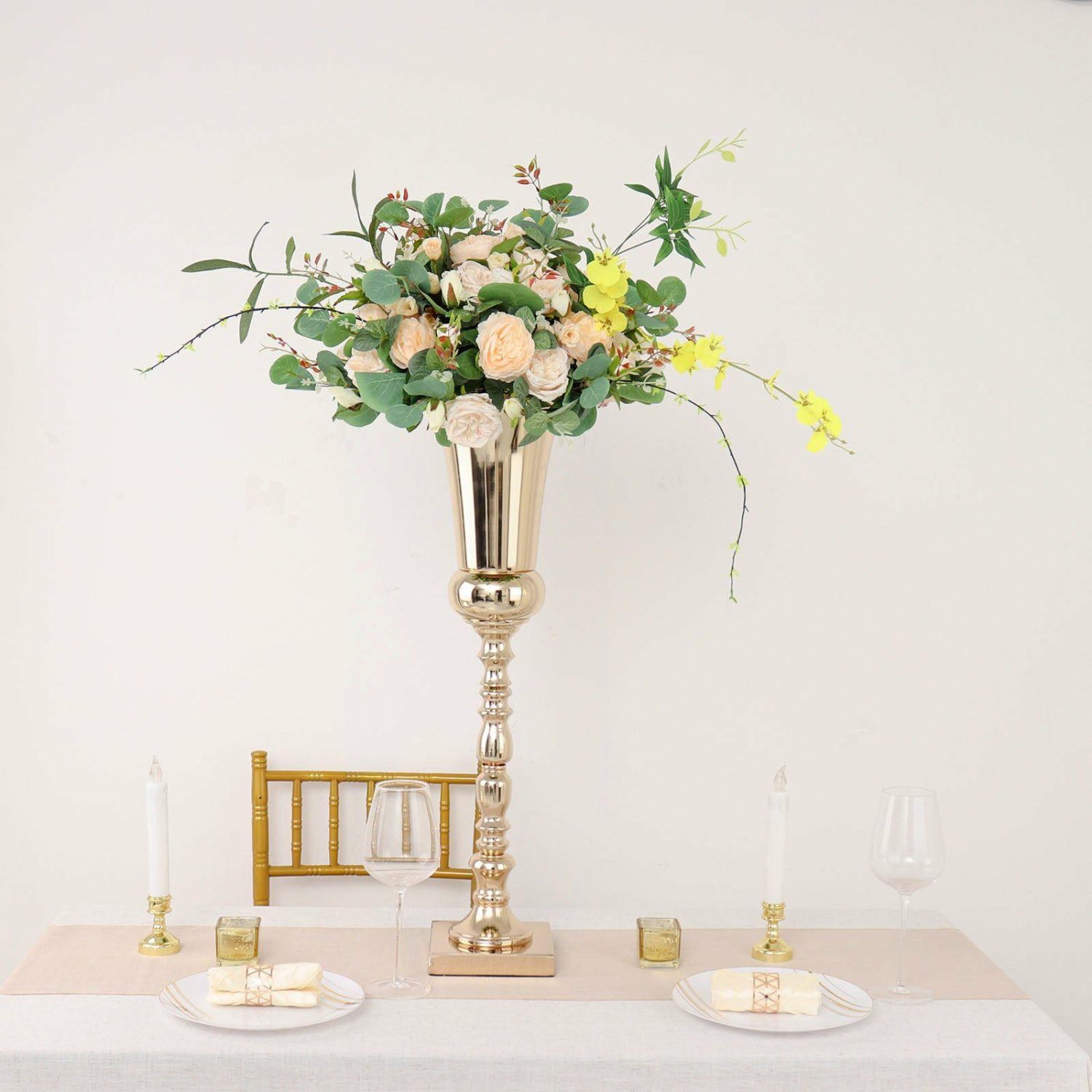 Metal Floral Vases | Gold Trumpet Metal Flower Vase, European Style Centerpiece – Square Base 27″ Tall Floral Vase Metal Floral Vases