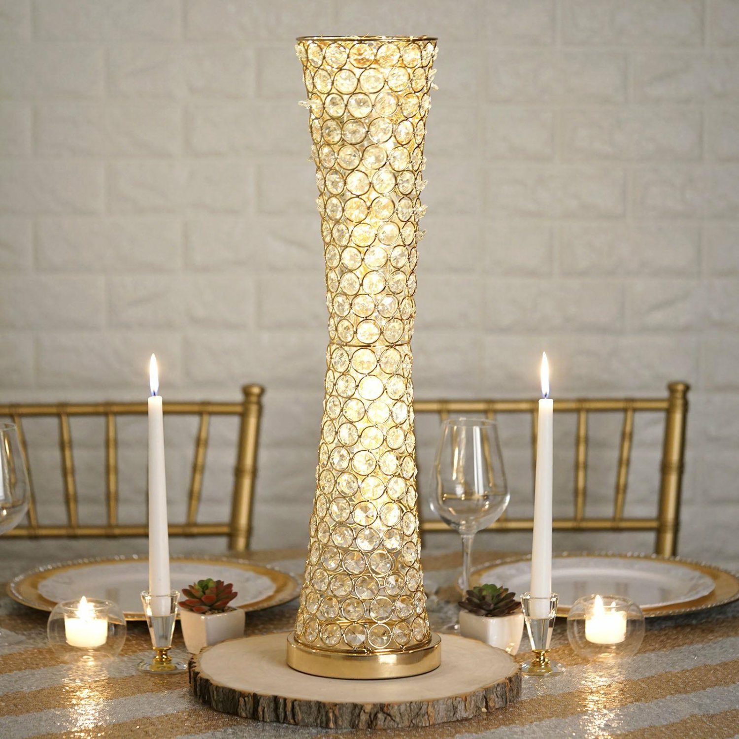 Metal Floral Vases | Metallic Gold and Crystal Beaded Hurricane Floral Vase Centerpiece 24″ Floral Vase Gold