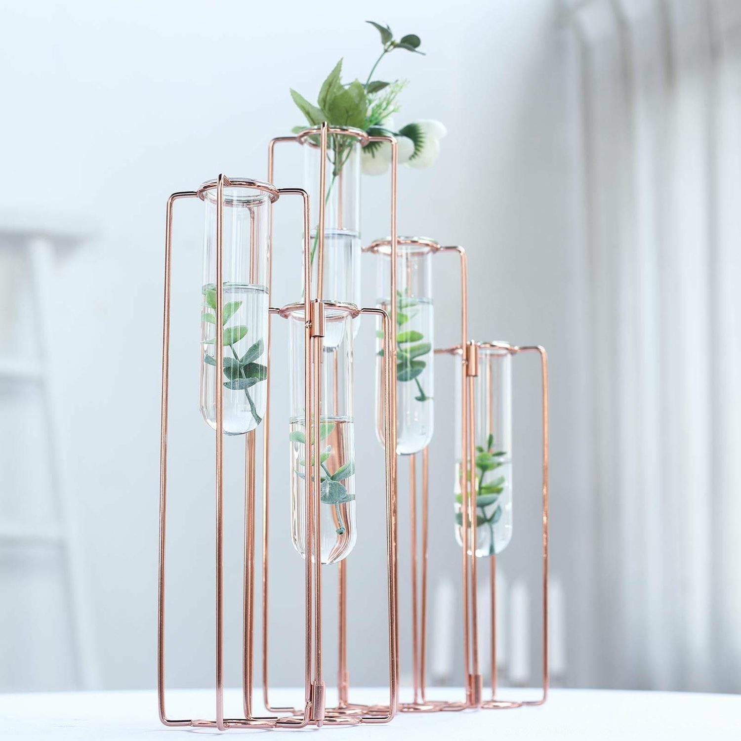 Metal Floral Vases | Set of 5 Conjoined Rose Gold Frame Test Tube Hydroponic Vases, Geometric Wedding Centerpieces 15″ Floral Vase Metal Floral Vases