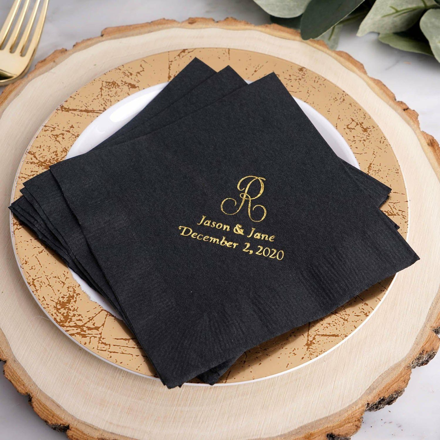 Paper Cups & Napkins | 100 Pack Personalized Monogram Paper Cocktail Napkins, Custom Wedding Favors Disposable Tableware Initials